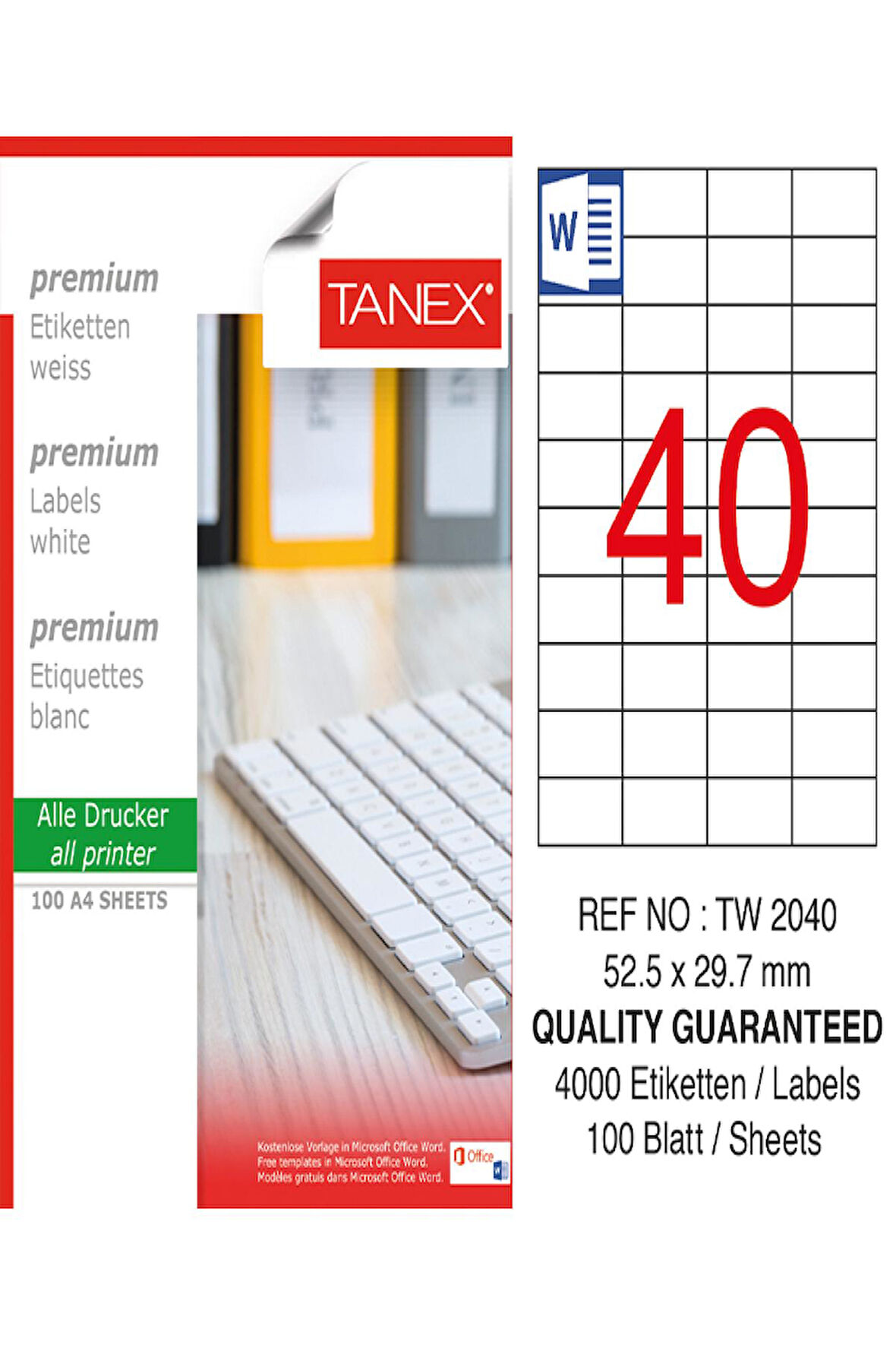 Tanex Lazer Etiket Tw 2040 52.5*29.7 Mm Beyaz 100Lü
