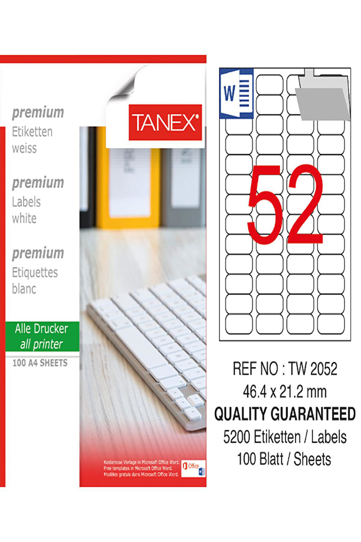 Tanex Lazer Etiket Tw 2052 46.4*21.2 Mm Beyaz 100Lü