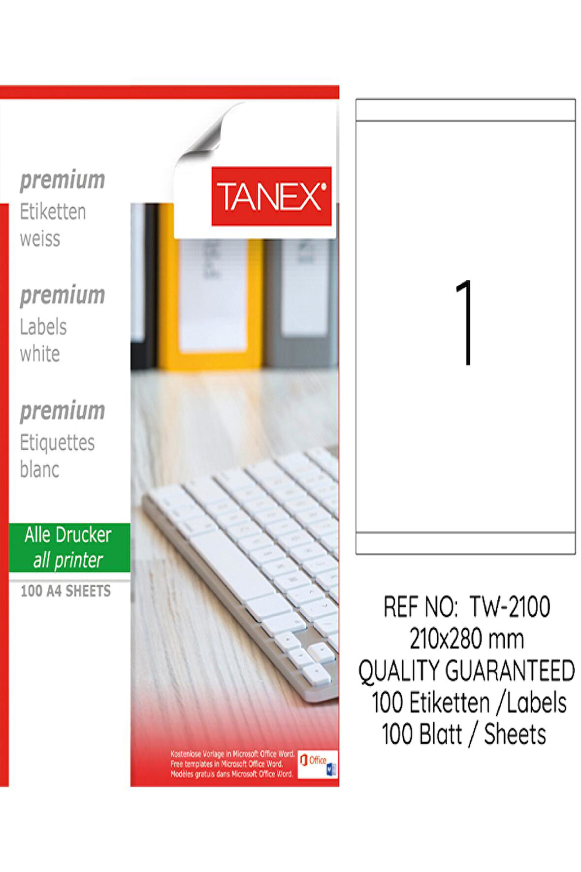 Tanex Lazer Etiket Tw 2100 210*280 Mm Beyaz 100Lü