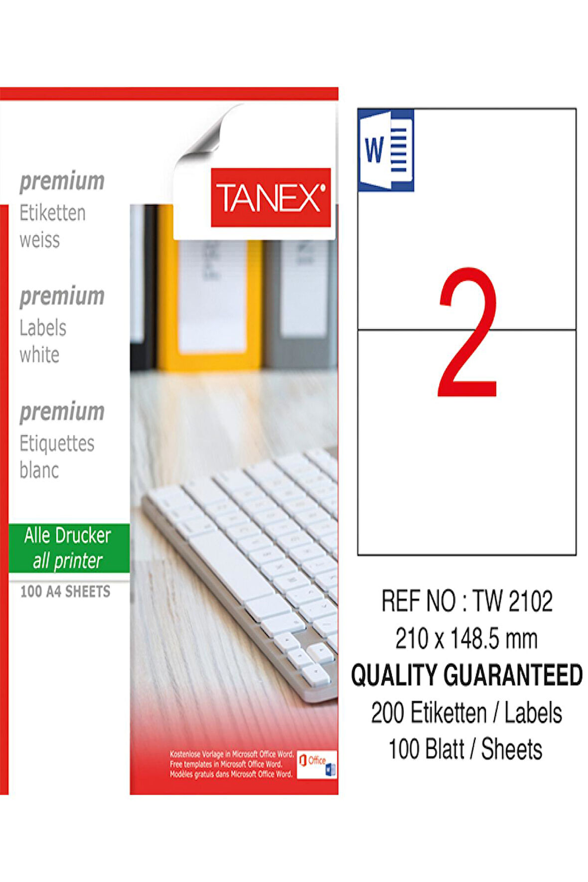 Tanex Lazer Etiket Tw 2102 210*148.5 Mm Beyaz 100Lü