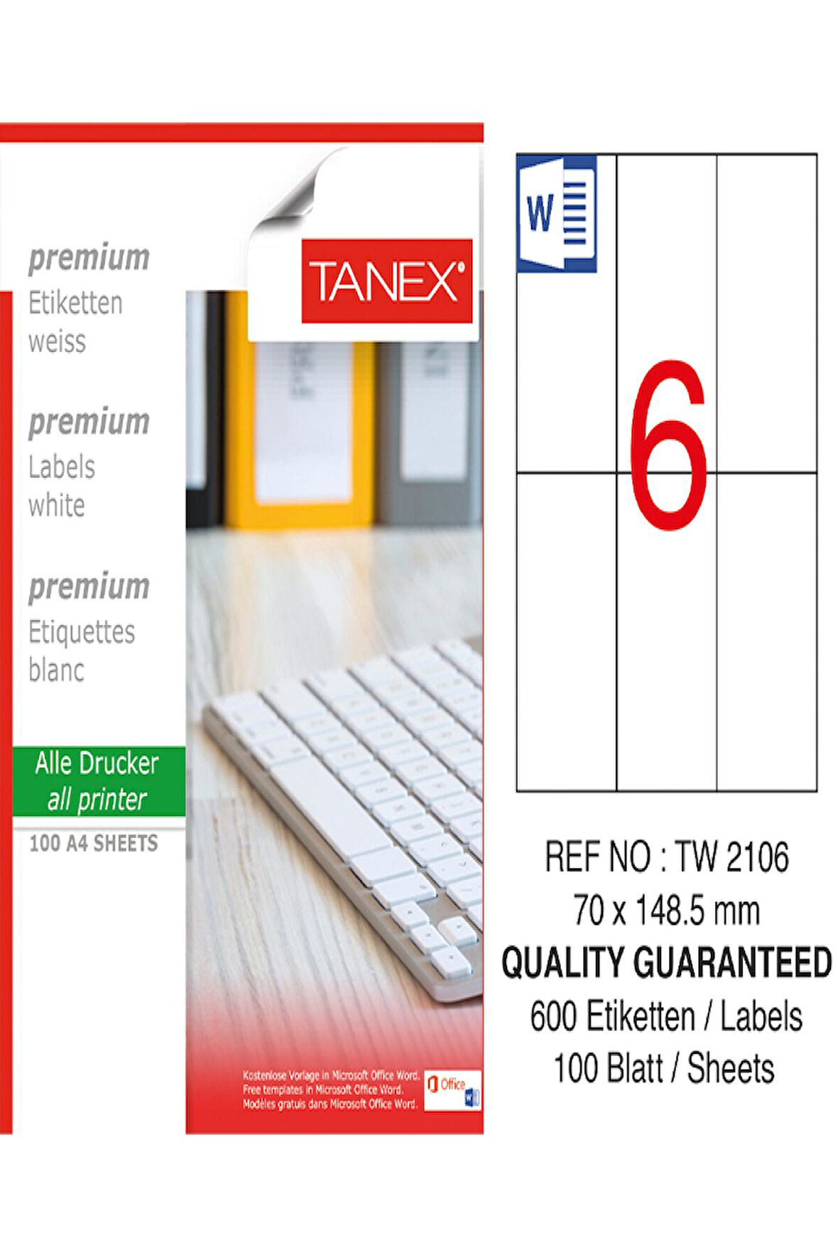 Tanex Lazer Etiket Tw 2106 70*148.5 Mm Beyaz 100Lü