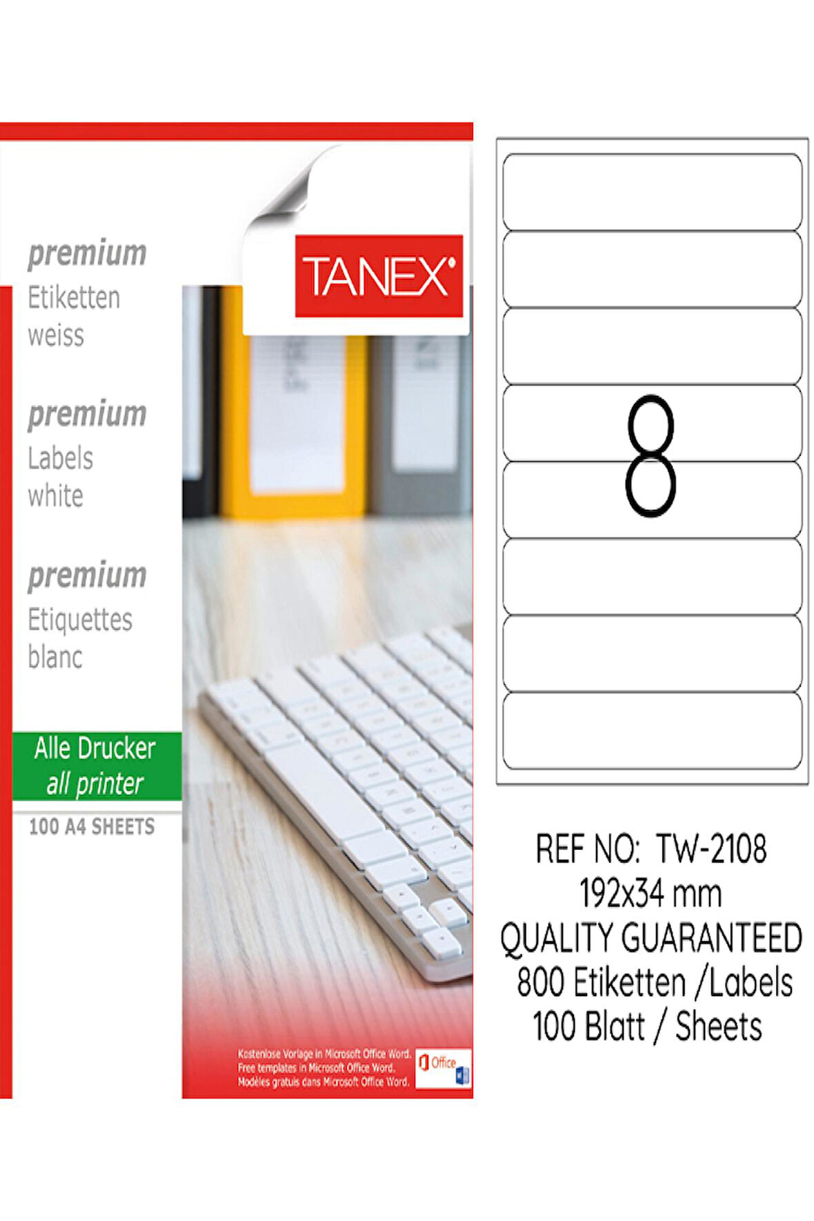 Tanex Lazer Etiket Tw 2108 192*34 Mm Beyaz 100Lü