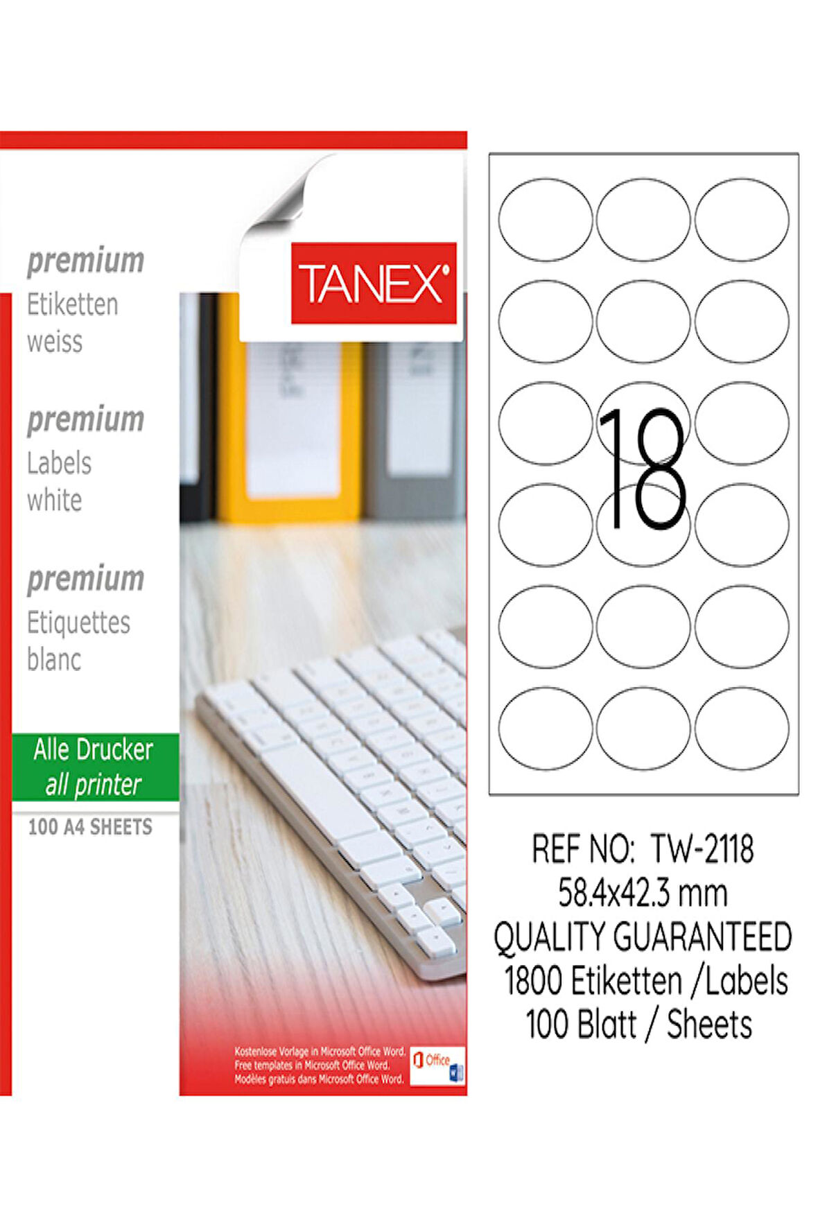 Tanex Lazer Etiket Tw 2118 58.4*42.3 Mm Beyaz 100Lü