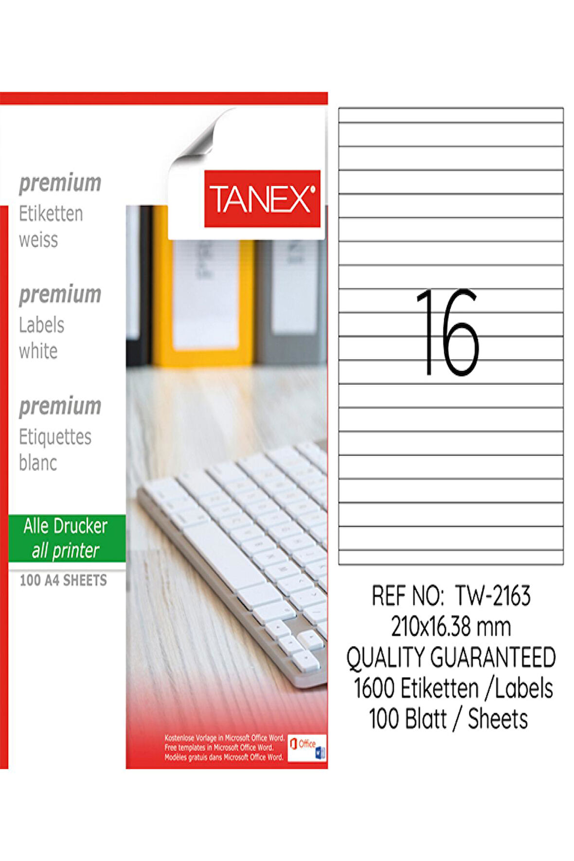 Tanex Lazer Etiket Tw 2163 210*16,38 Mm Beyaz 100Lü