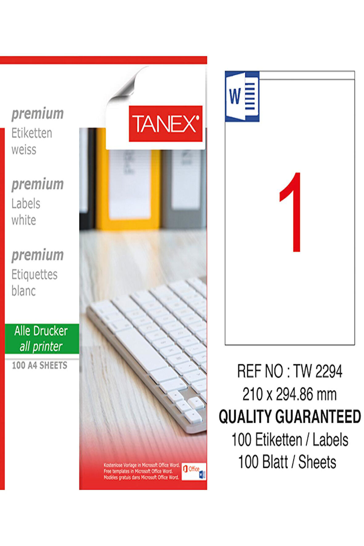 Tanex Lazer Etiket Tw 2294 210*294.86 Mm Beyaz 100Lü