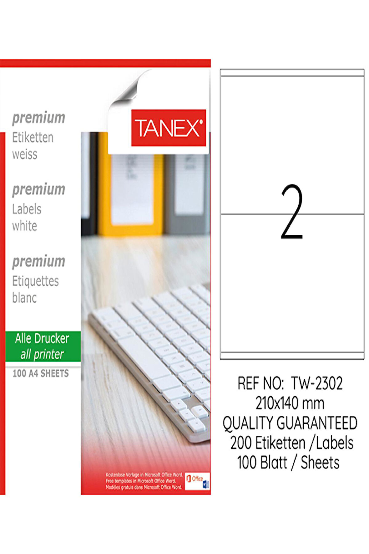 Tanex Lazer Etiket Tw 2302 210*140 Mm Beyaz 100Lü