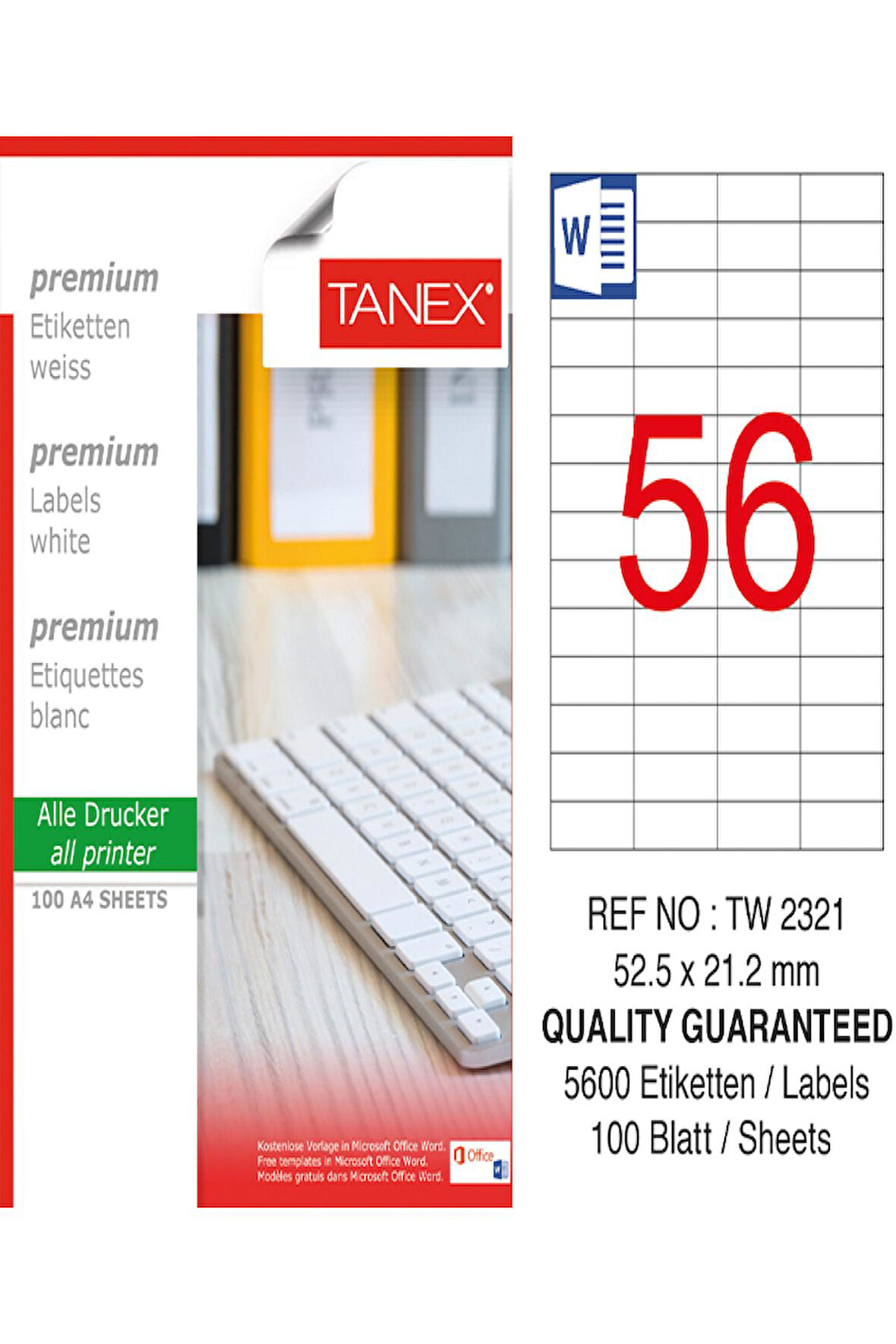 Tanex Lazer Etiket Tw 2321 52.5*21.2 Mm Beyaz 100Lü