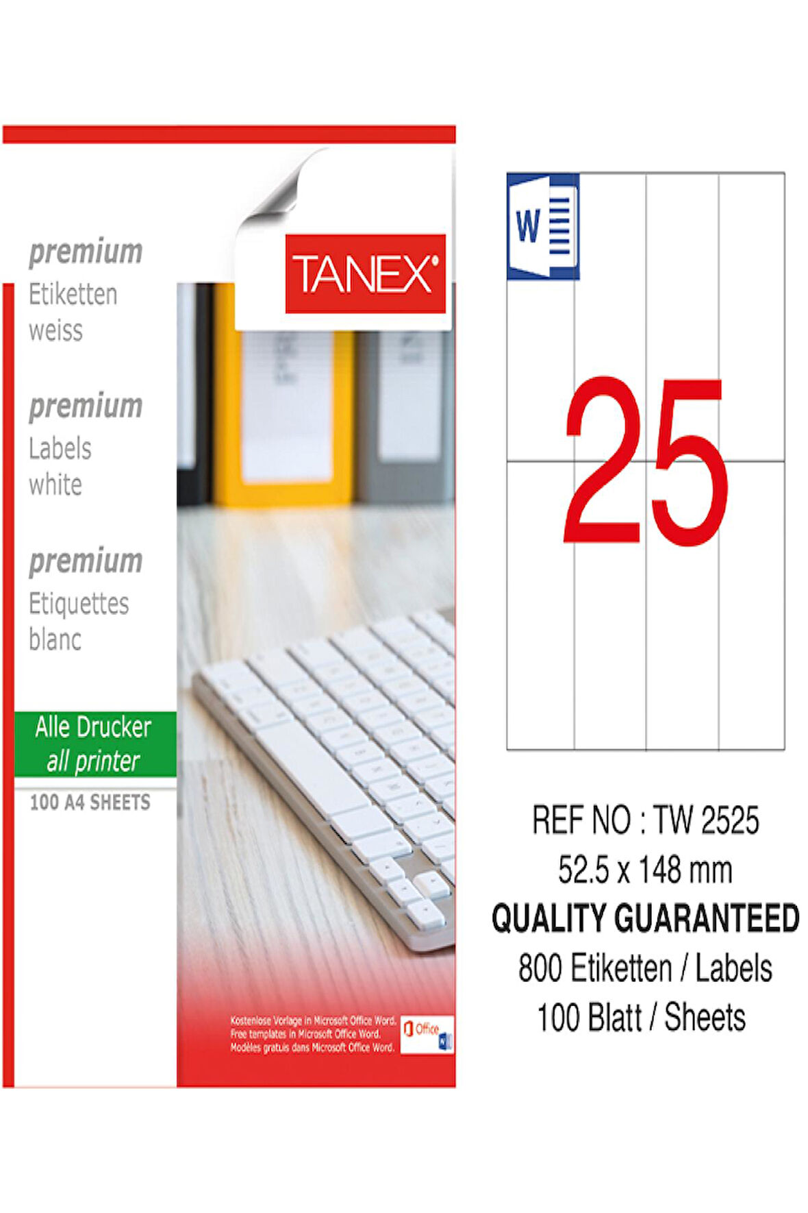 Tanex Lazer Etiket Tw 2525 52.5*148.5 Mm Beyaz 100Lü