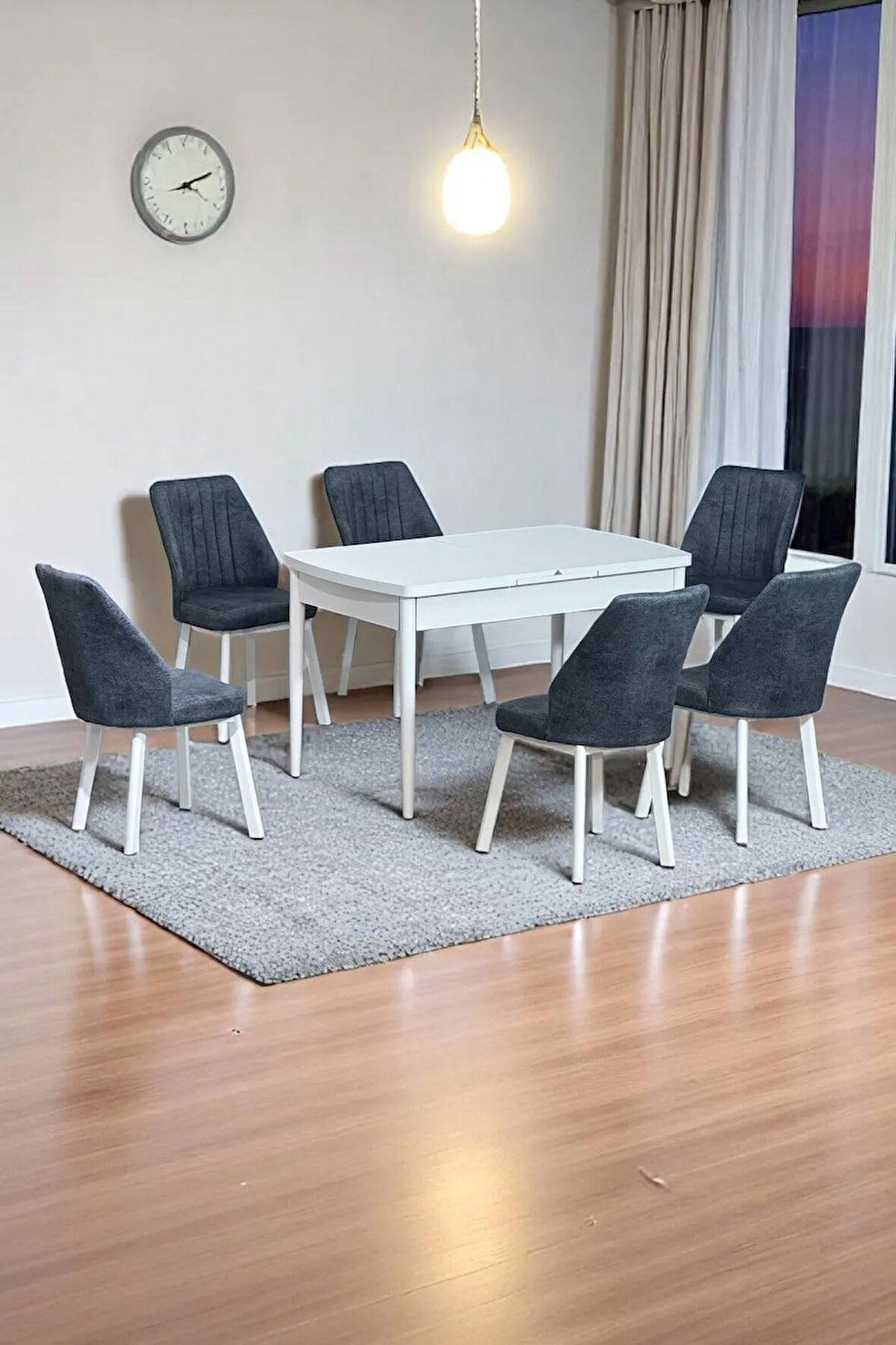 Sera Beyaz 80 x 132 Açılabilen Sunta Masa Beyaz Metal Ayaklı Mutfak Masası 6 Füme Kot Desen Sandalye