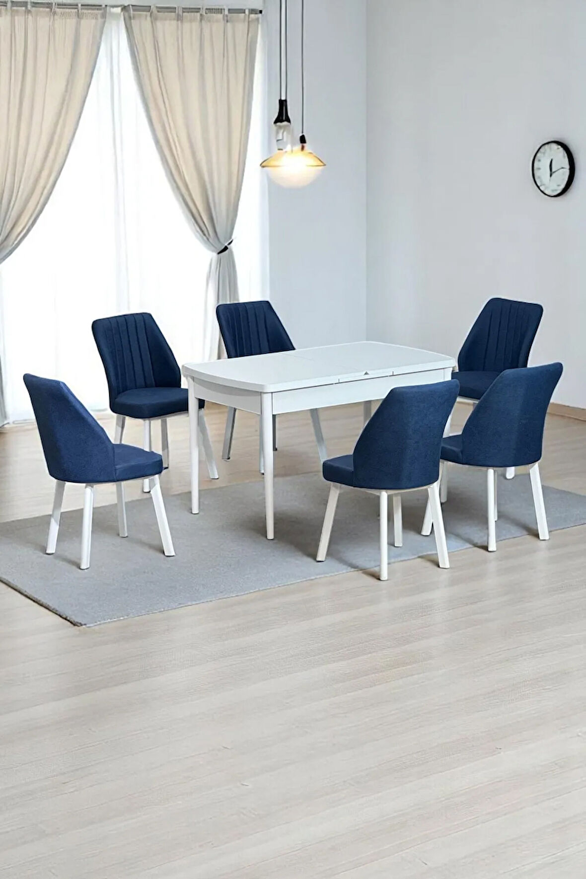 Sera Beyaz 80 x 132 Açılabilen Sunta Masa Beyaz Metal Ayaklı Mutfak Masası 6 Lacivert Sandalye