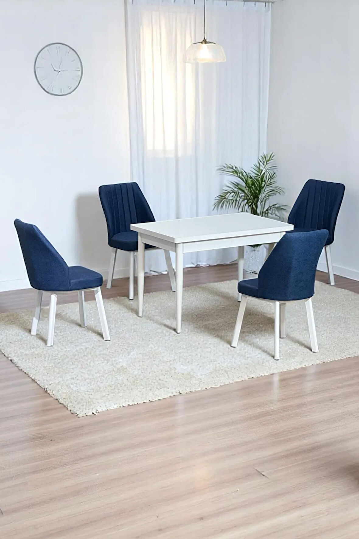 ARVEN Beyaz Sunta 70x110 Sabit Mutfak Masası Takımı Beyaz Metal Ayak 4 Lacivert Sandalye