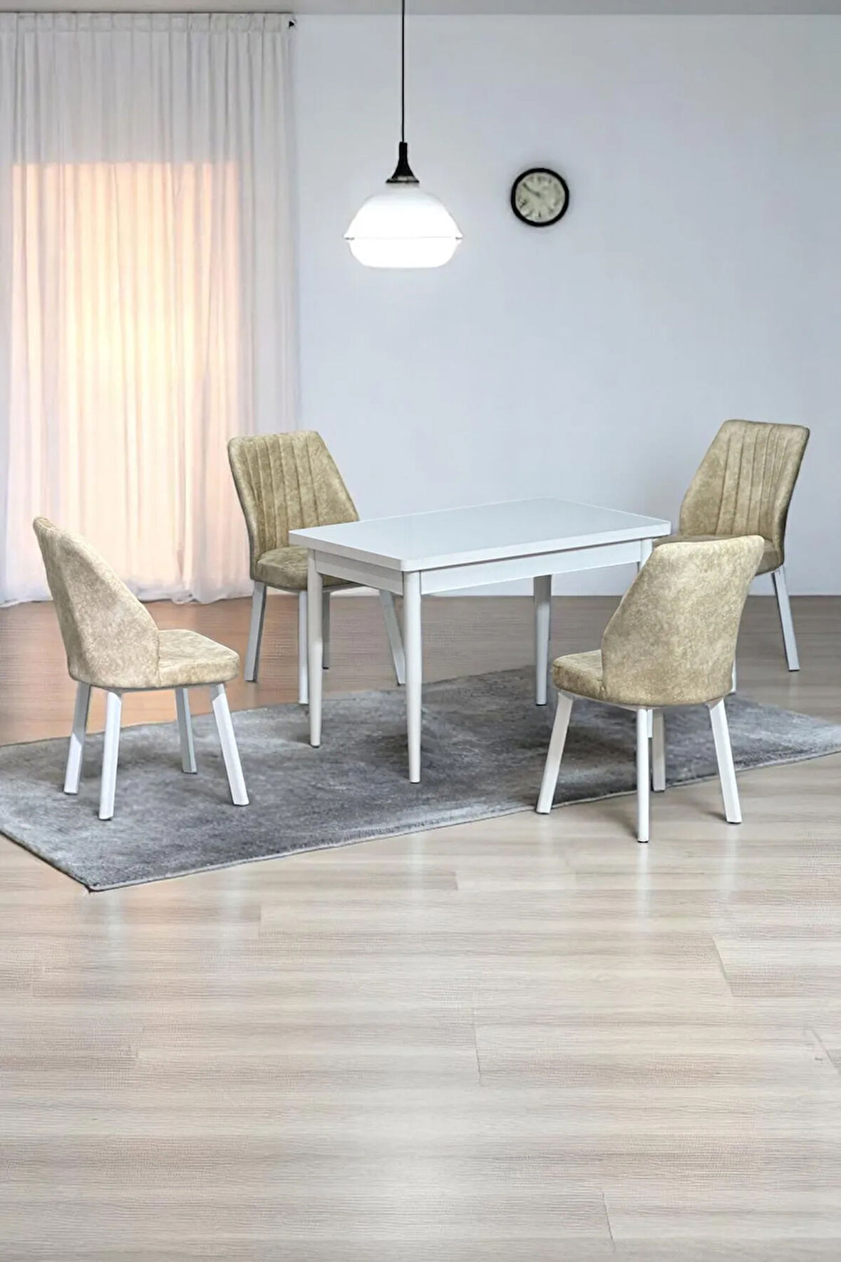 ARVEN Beyaz Sunta 70x110 Sabit Mutfak Masası Takımı Beyaz Metal Ayak 4 Krem Sandalye