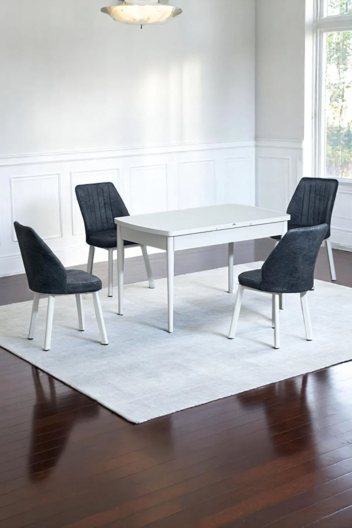 Florn Beyaz 80 x 132 Açılabilen Sunta Masa Metal Ayaklı Mutfak Masası Takımı 4 Füme Desen Sandalye