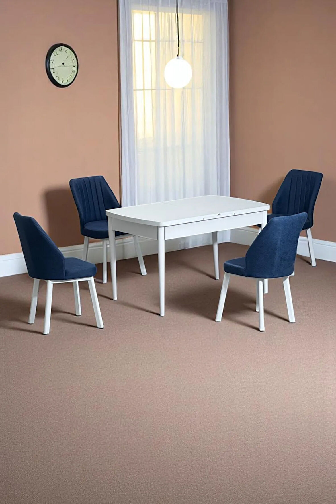 Florn Beyaz 80 x 132 Açılabilen Sunta Masa Metal Ayaklı Mutfak Masası Takımı 4 Lacivert Sandalye