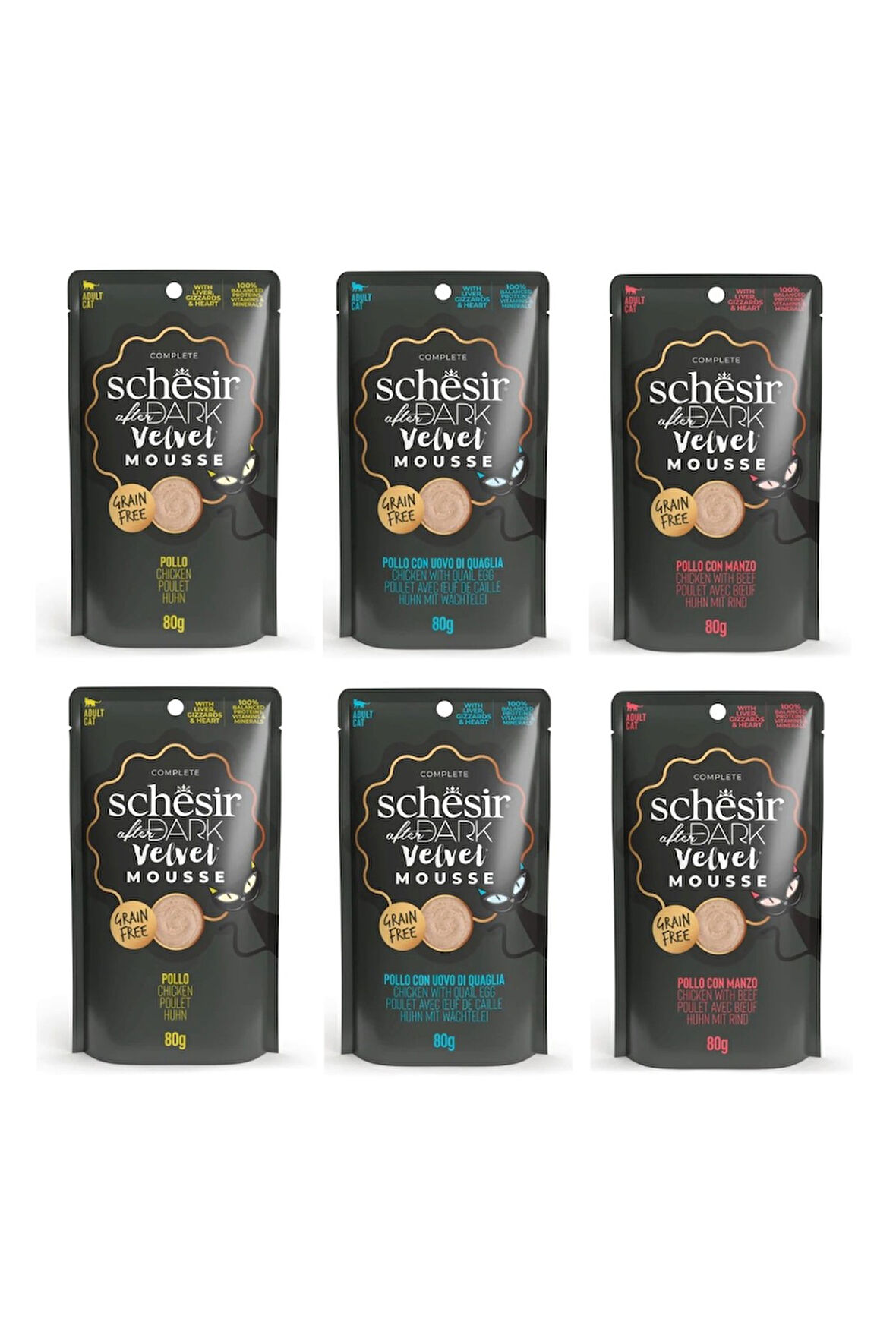 Schesir After Dark 3 Çeşit Karma Pouch Mousse Kedi Yaş Mama 80 Gr. X 6 Adet