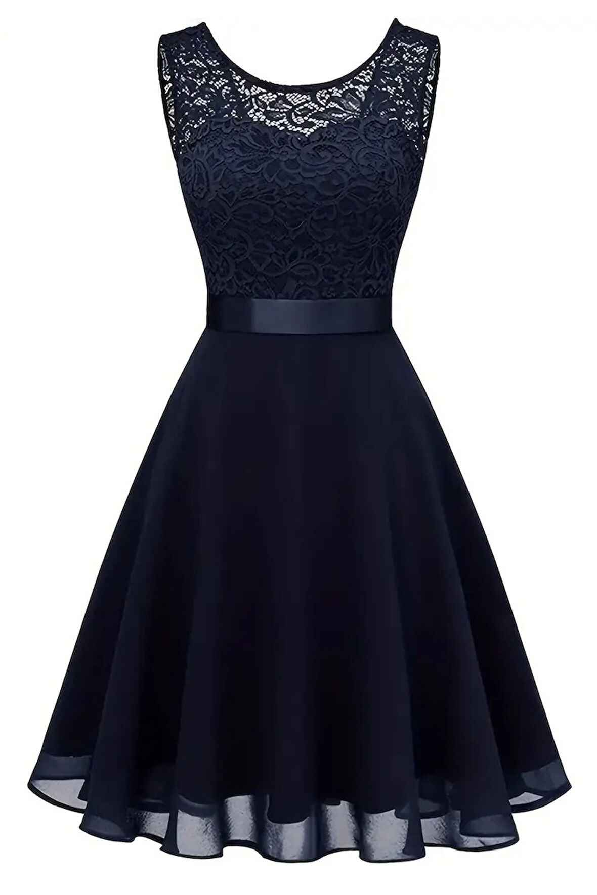 Kadın Büyük Beden Lacivert Beli Kurdaleli Kolsuz Midi Elbise