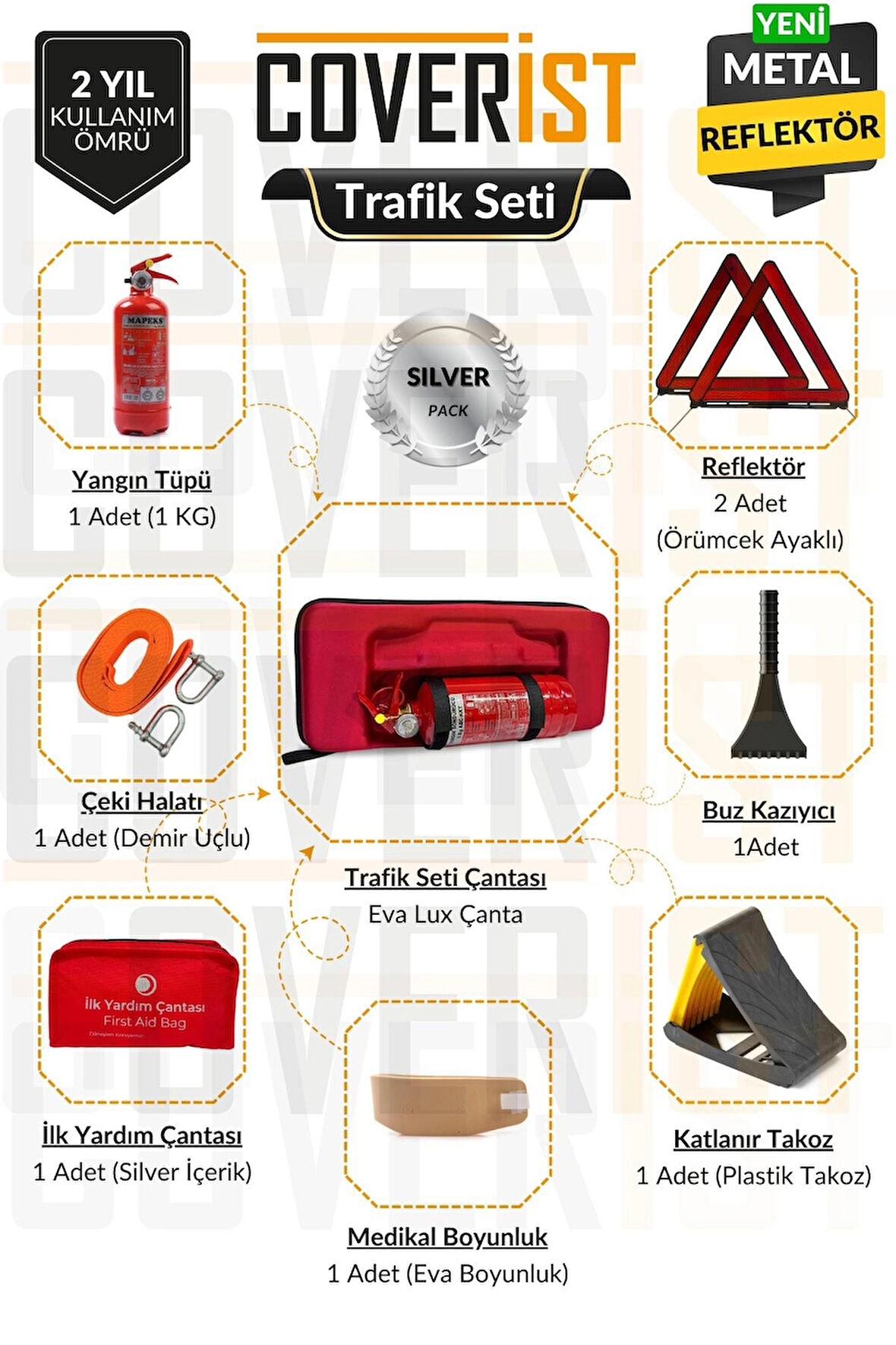 Eva Trafik ve İlk Yardım Seti - Muayene Uyumlu 1 KG Araç Yangın Tüpü - 2 Adet Reflektör - Silver Pack