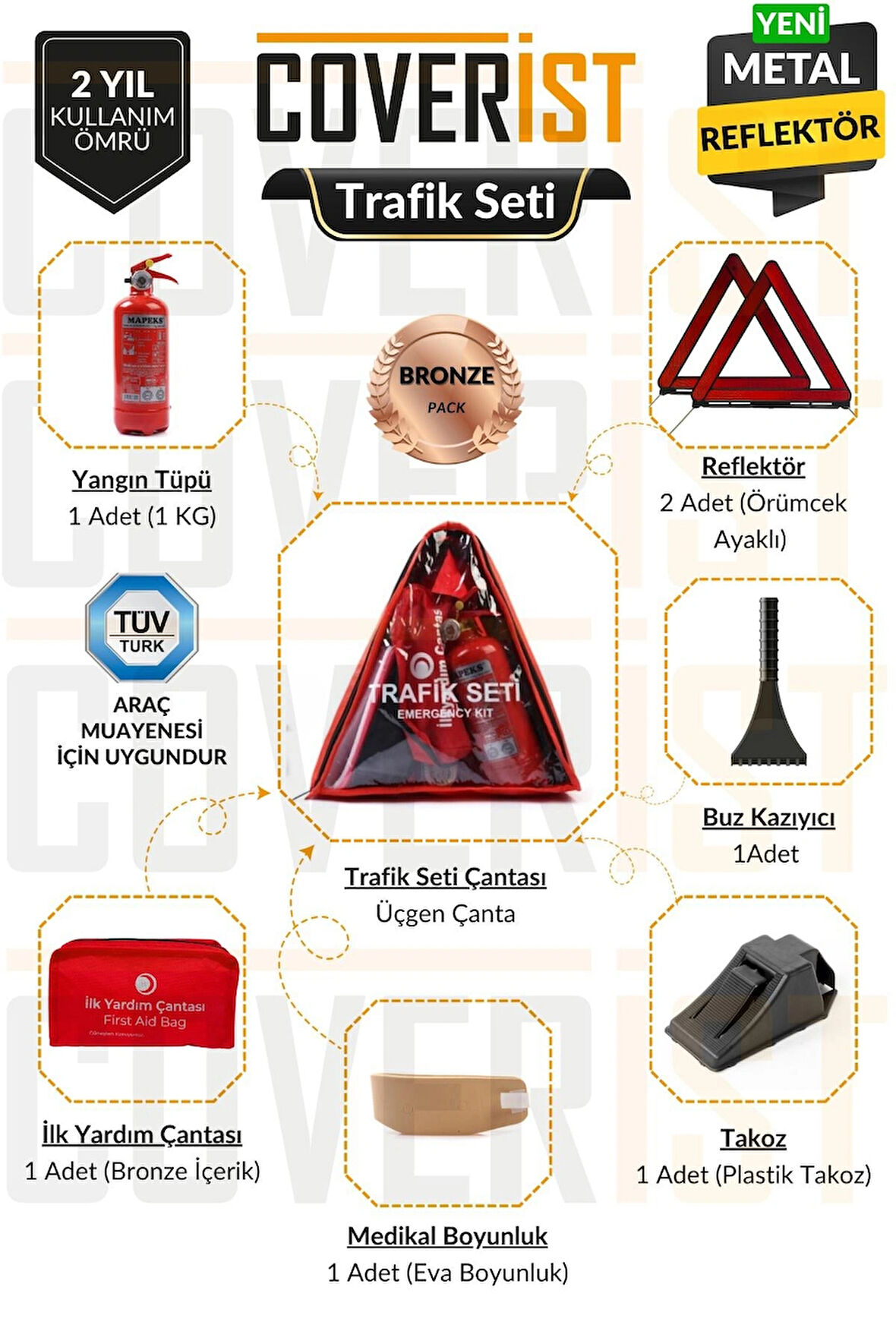 Üçgen Trafik ve İlk Yardım Seti - Muayene Uyumlu 1 KG Araç Yangın Tüpü - 2 Adet Reflektör - Bronze Pack