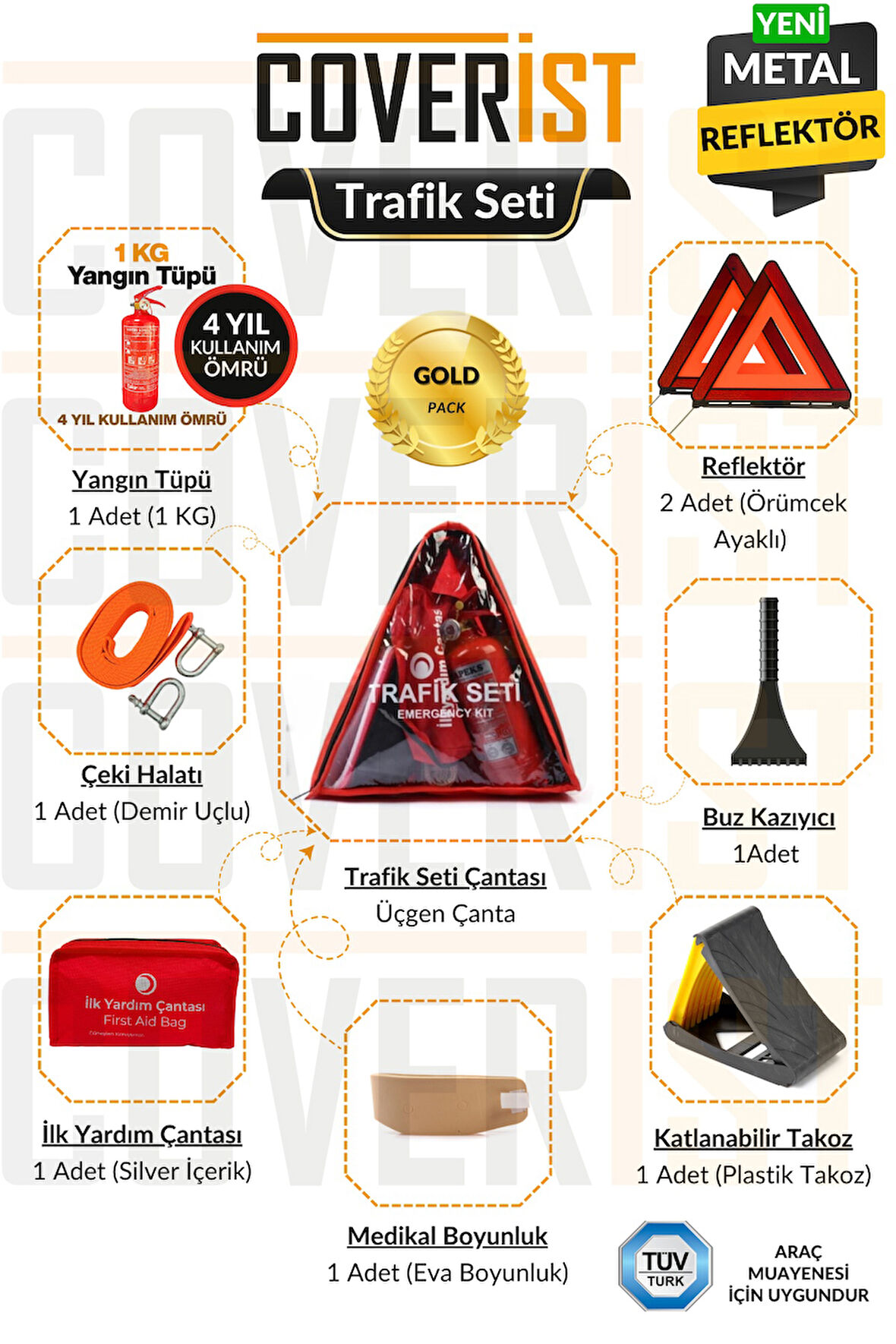 Üçgen Trafik Seti ve İlk Yardım Seti - 4 Yıllık 1 KG Yangın Tüpü - Gold