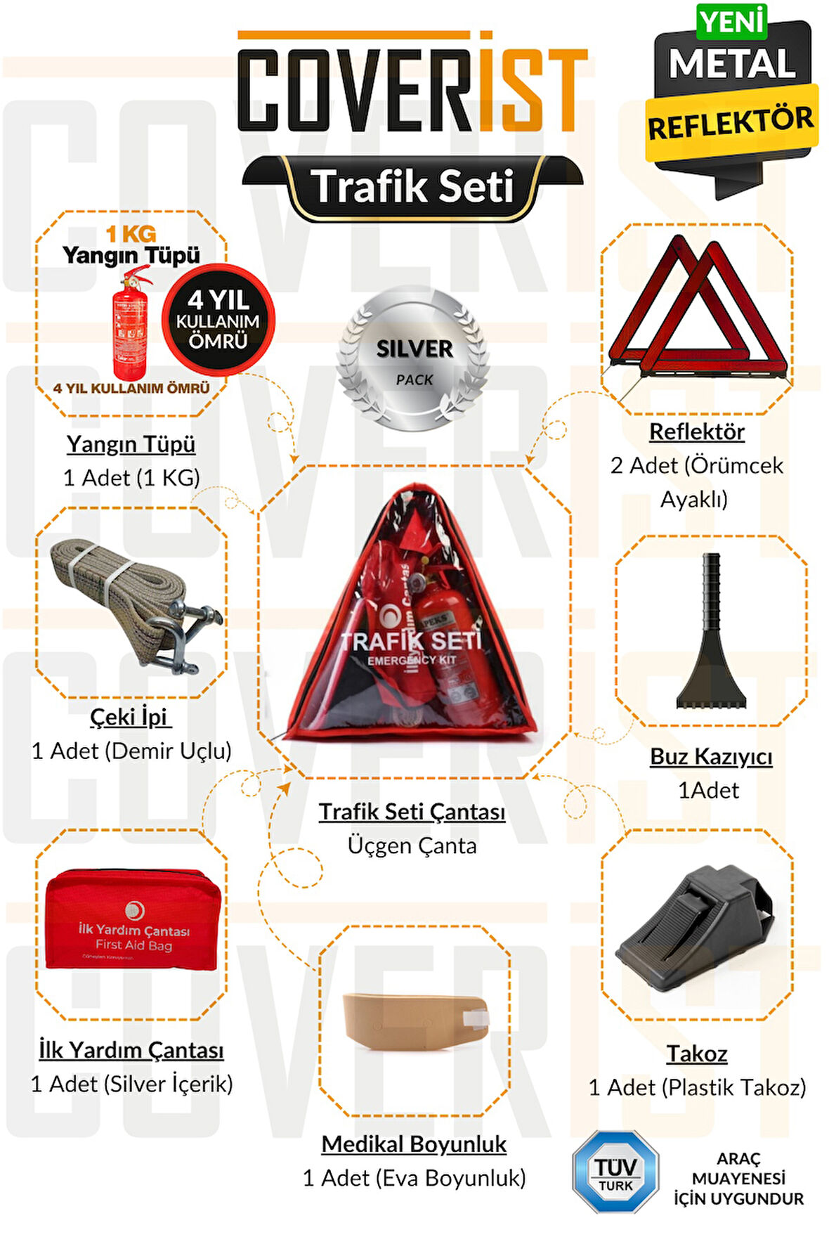 Üçgen Trafik Seti ve İlk Yardım Seti - 4 Yıllık 1 KG Yangın Tüpü - Silver