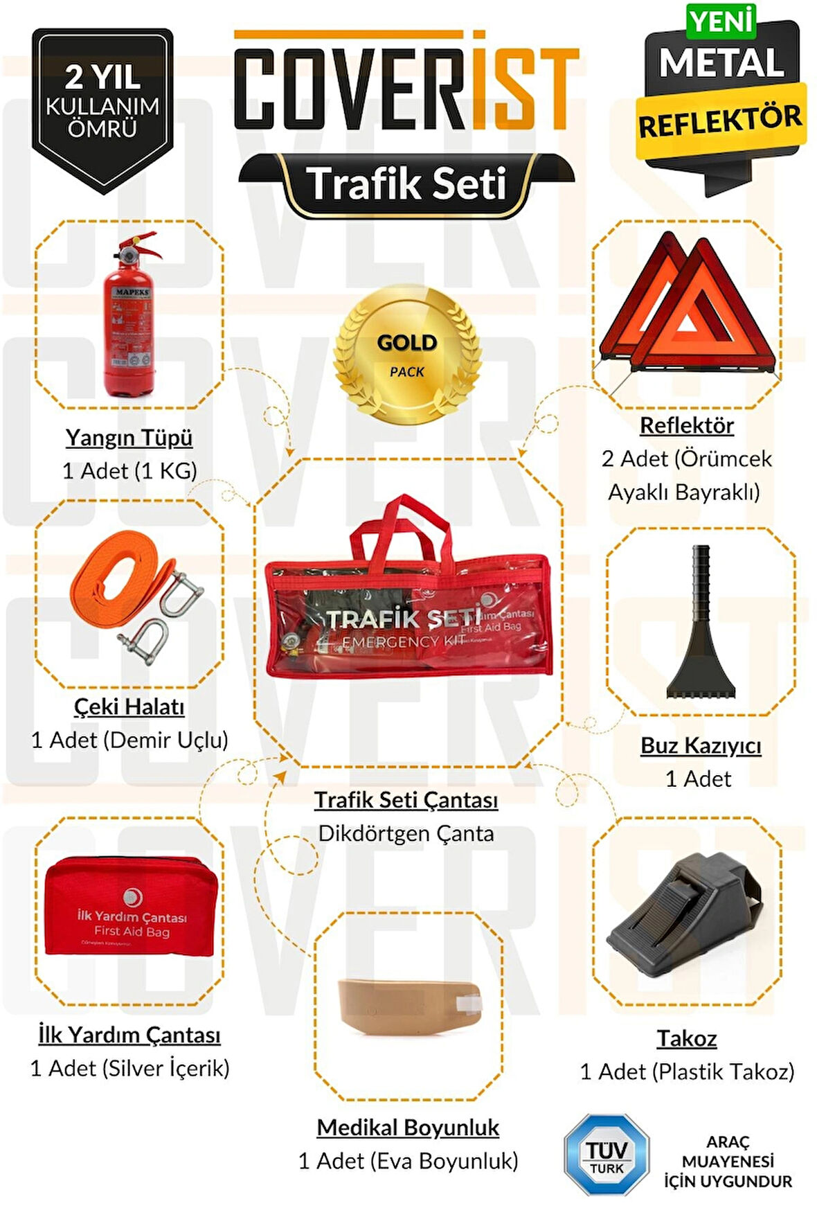Trafik ve İlk Yardım Seti - Muayene Uyumlu 1 KG Araç Yangın Tüpü - 2 Adet Reflektör - Gold Pack