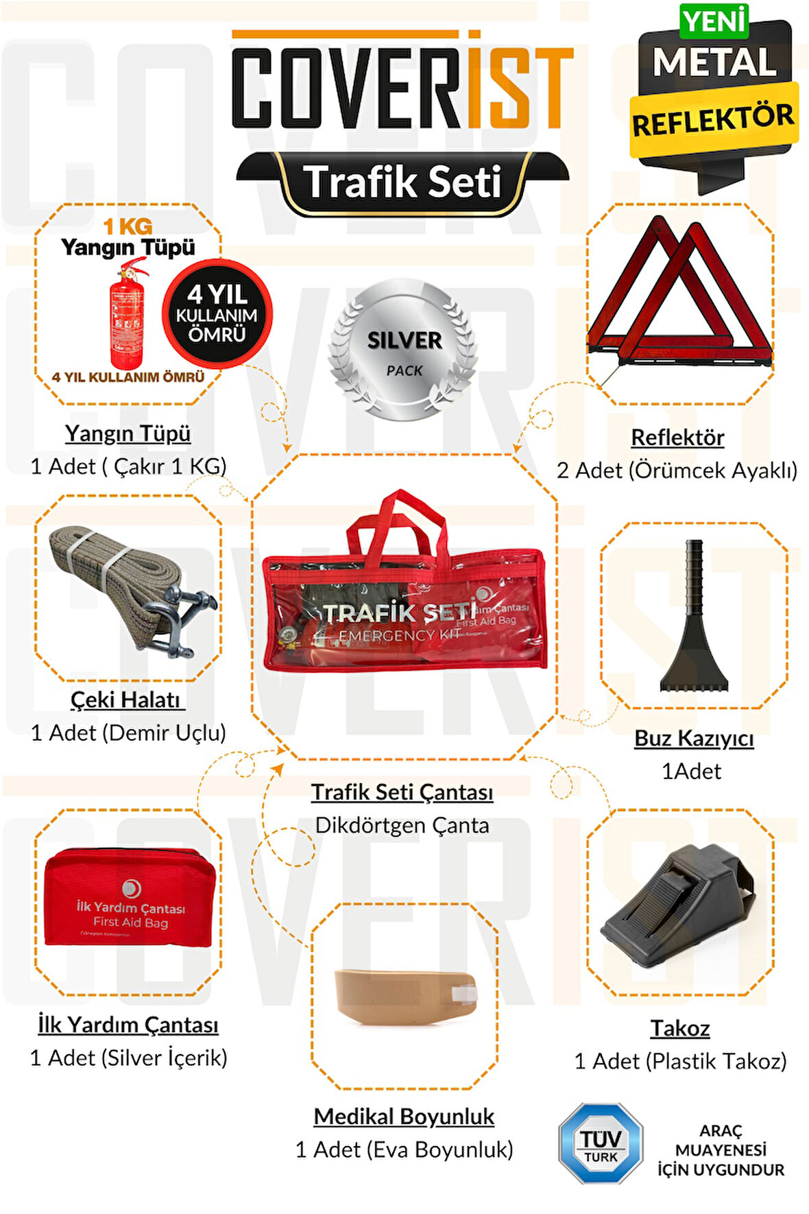 Trafik Seti ve İlk Yardım Seti - 4 Yıllık 1 KG Yangın Tüpü - Silver