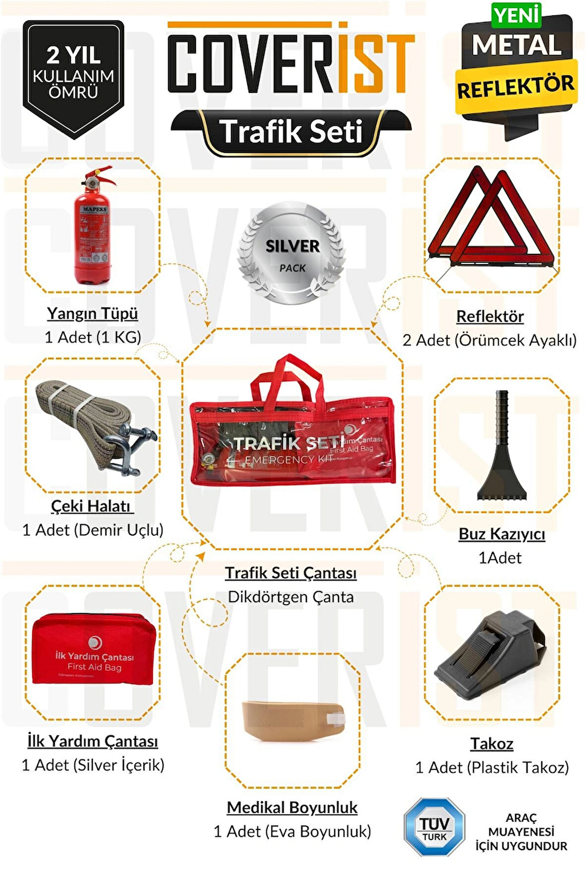 Trafik ve İlk Yardım Seti - Muayene Uyumlu 1 KG Araç Yangın Tüpü - 2 Adet Reflektör - Silver Pack