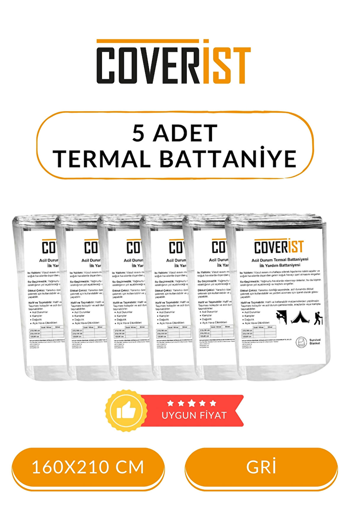5 Adet Acil Durum İlk Yardım Battaniyesi Deprem Termal Battaniye Gri 160x210 cm