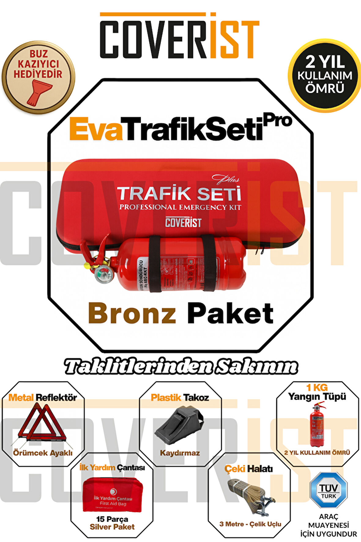 Eva Trafik Seti Plus - 1 KG Yangın Tüpü - 2 Yıllık - Kırmızı - Bronz Paket