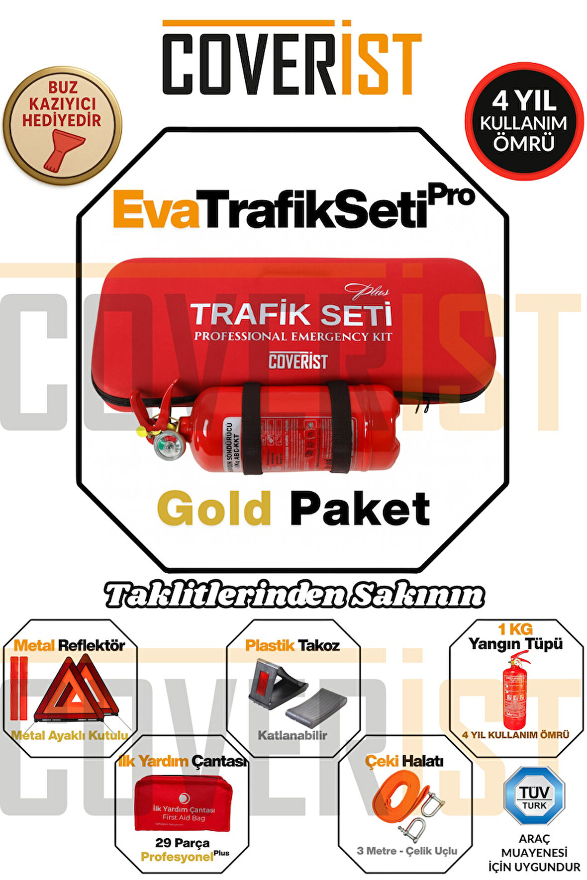 Eva Trafik Seti Plus - 1 KG Yangın Tüpü - 4 Yıllık - Kırmızı - Gold Paket