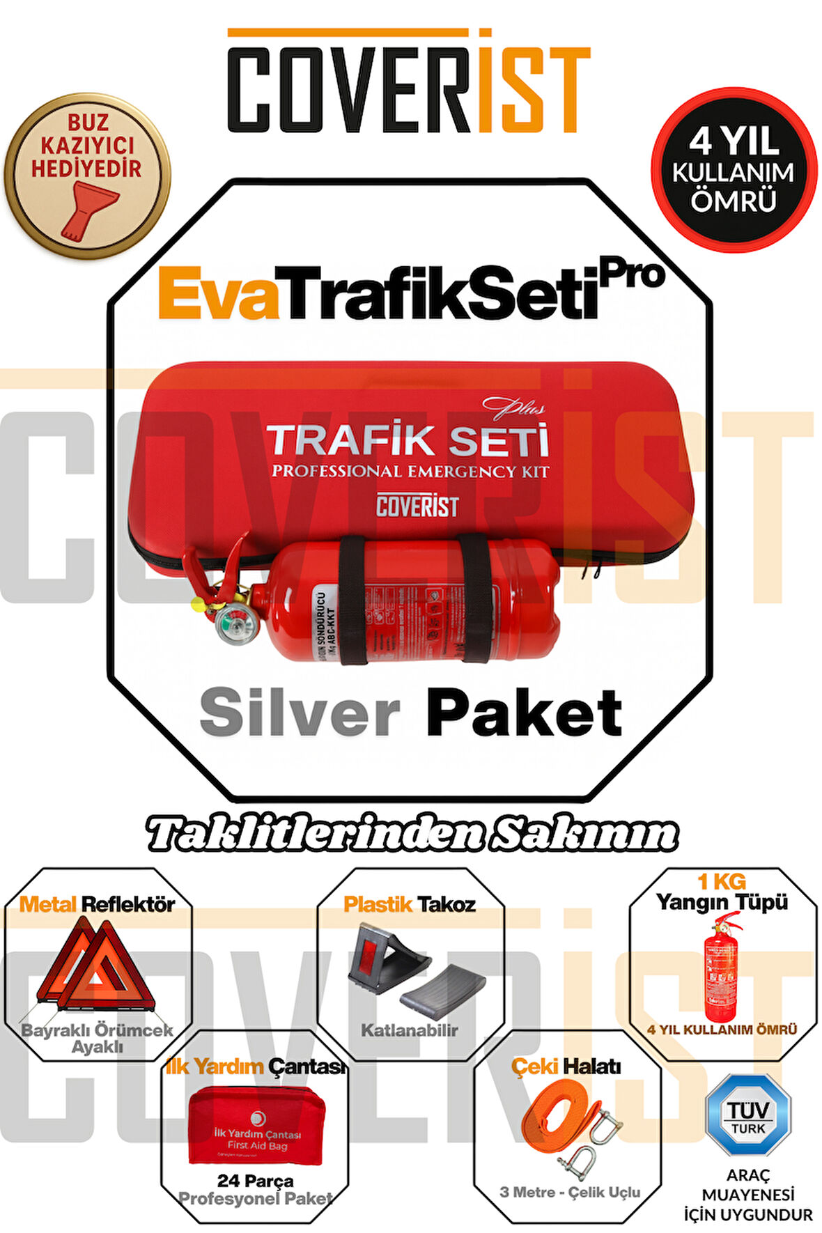 Eva Trafik Seti Plus - 1 KG Yangın Tüpü - 4 Yıllık - Kırmızı - Silver Paket