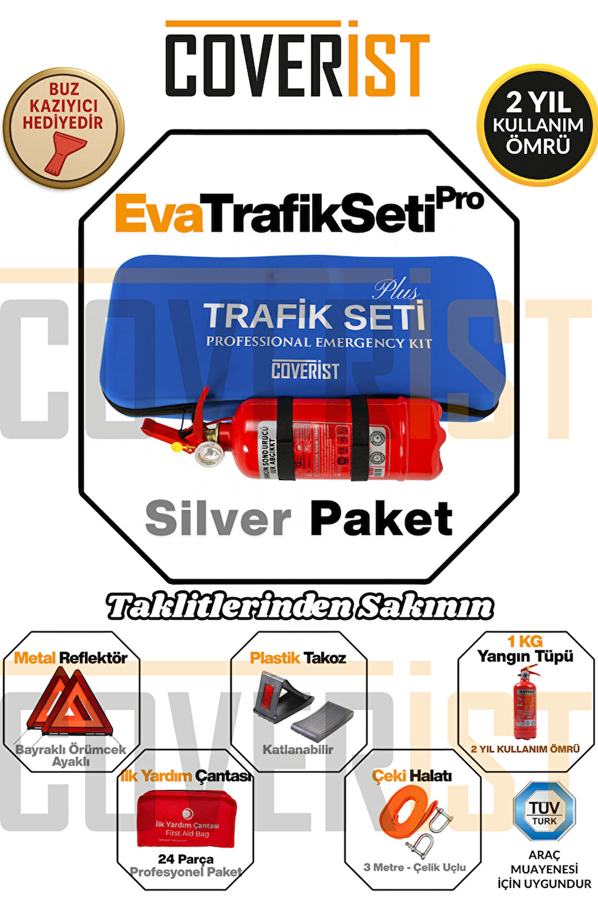 Eva Trafik Seti Plus - 1 KG Yangın Tüpü - 2 Yıllık - Mavi - Silver Paket