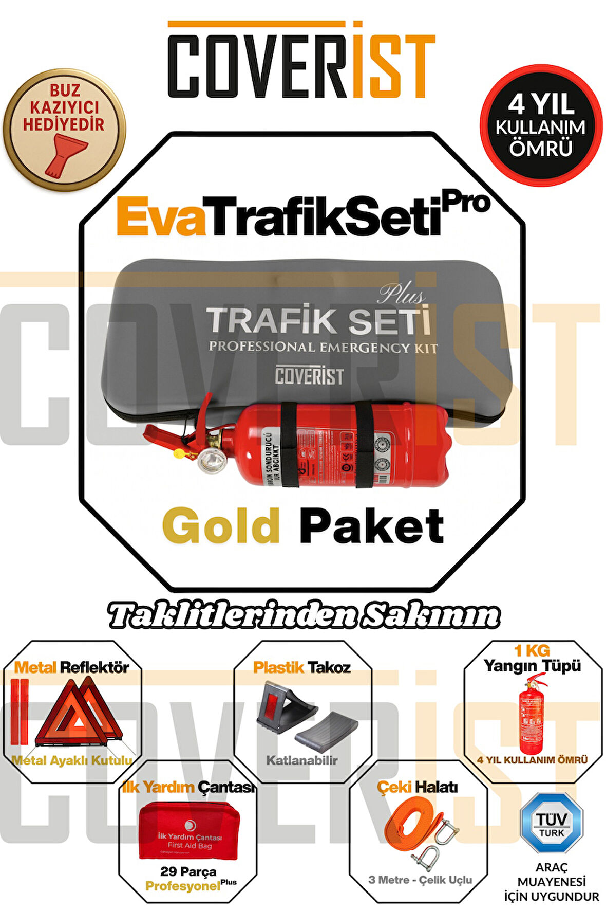 Eva Trafik Seti Plus - 1 KG Yangın Tüpü - 4 Yıllık - Gri - Gold Paket