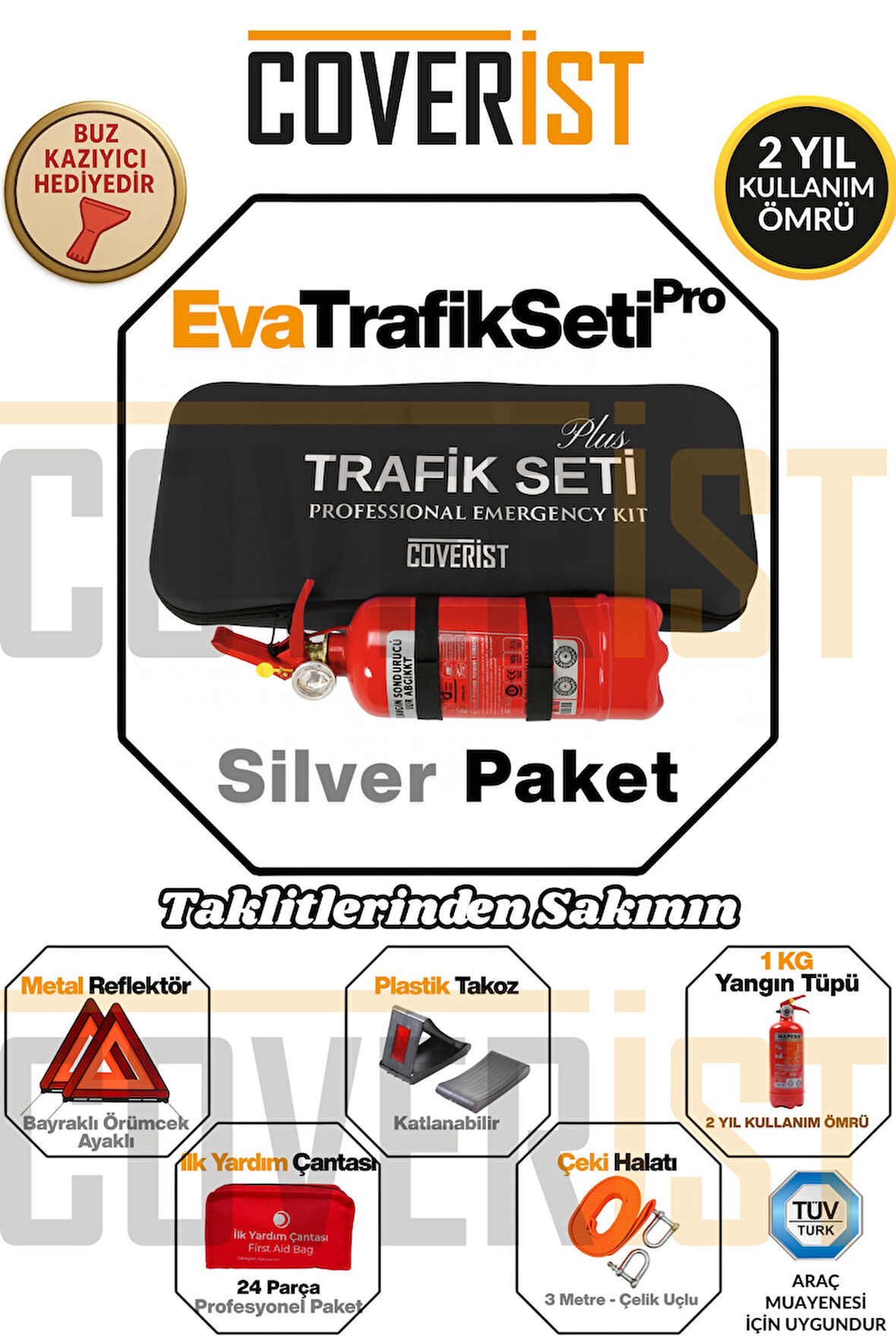 Eva Trafik Seti Plus - 1 KG Yangın Tüpü - 2 Yıllık - Siyah - Silver Paket
