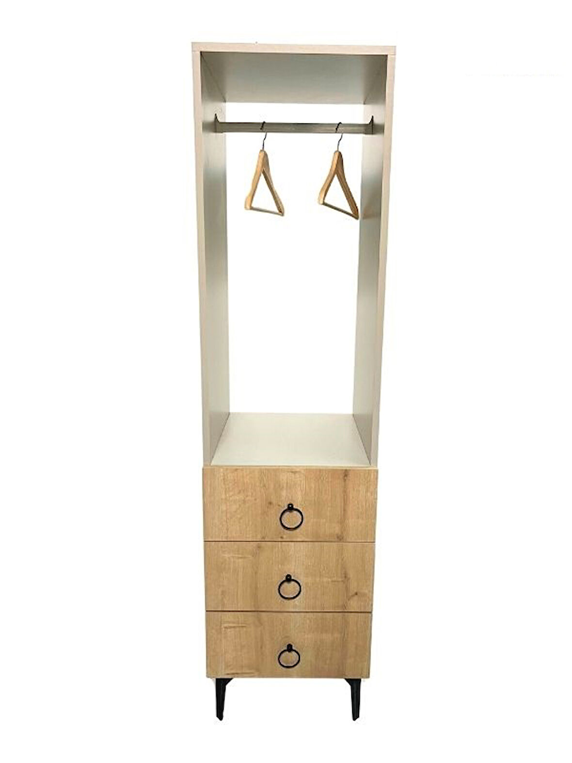Üç Çekmeceli Giyinme Dolabı, Askılık, Portmanto, Metal Ayak, Metal Kulp, Geniş Çekmece Hacmi