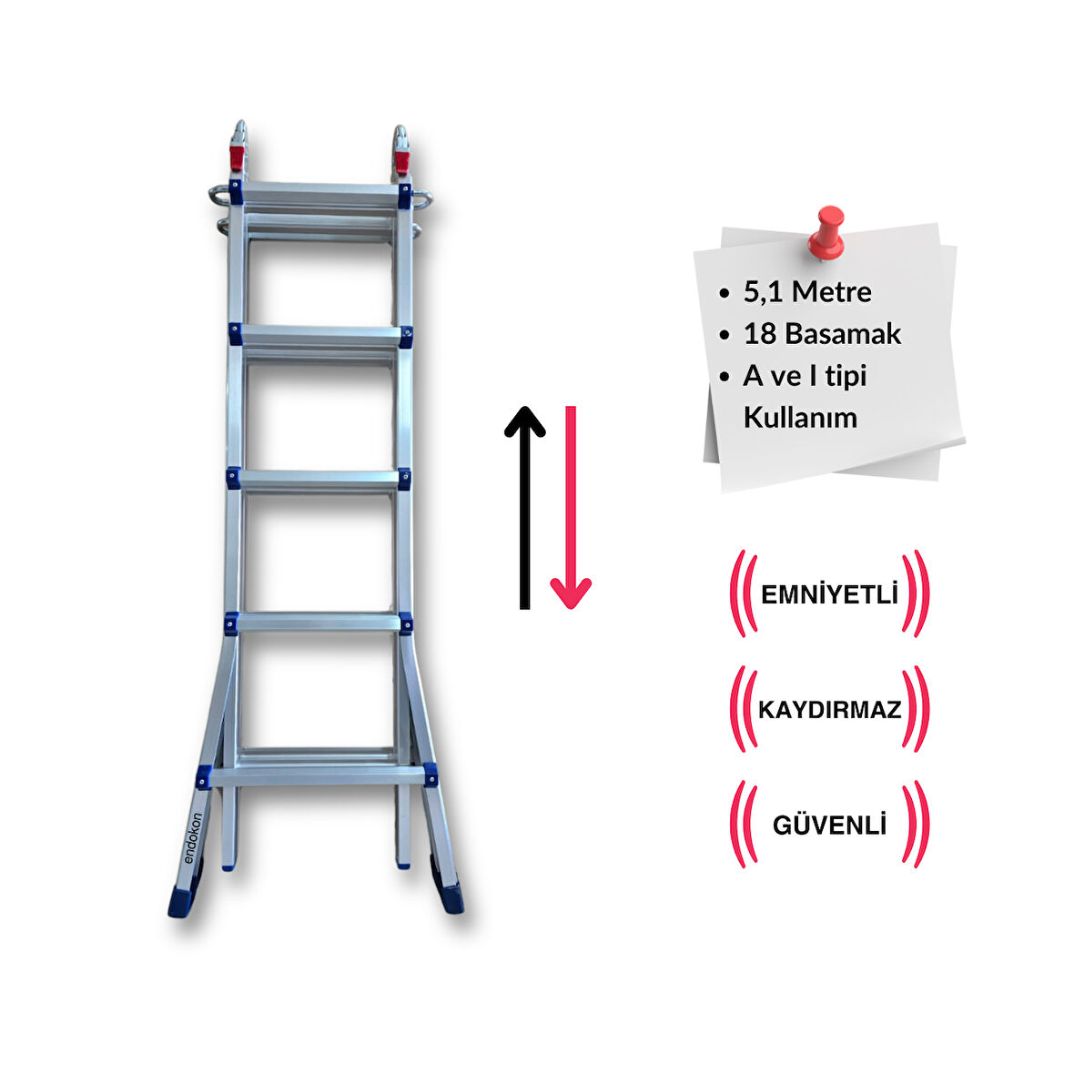 Endokon 510 cm. 18 Basamak A ve I Tipi Katlanıp Uzayabilen Mini Dev Alüminyum Merdiven