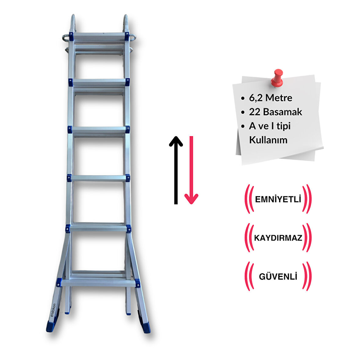 Endokon 622 cm. 22 Basamak A ve I Tipi Katlanıp Uzayabilen Mini Dev Alüminyum Merdiven