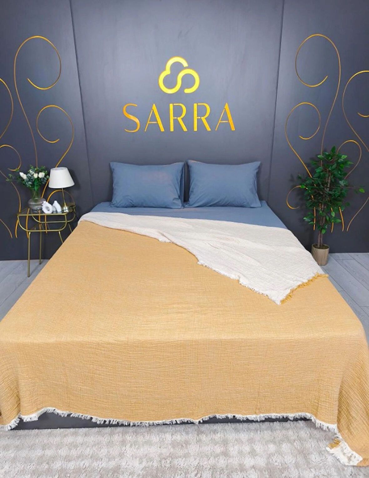 SARRA 220X240 ÇİFT KİŞİLİK MÜSLİN YATAK ÖRTÜSÜ - HARDAL