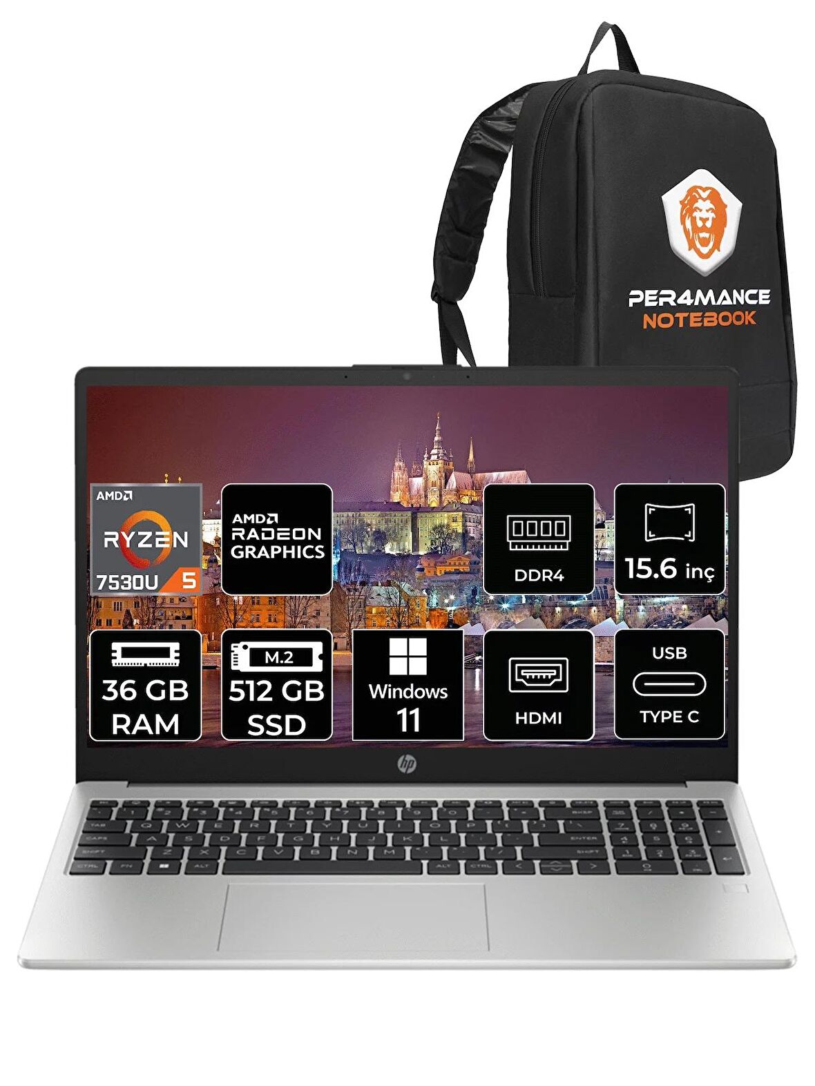 HP 255 G10 Ryzen 5 7530U 36GB RAM 512GB SSD 15.6'' FHD W11HOME 8A547EA & PER4 ÇANTA