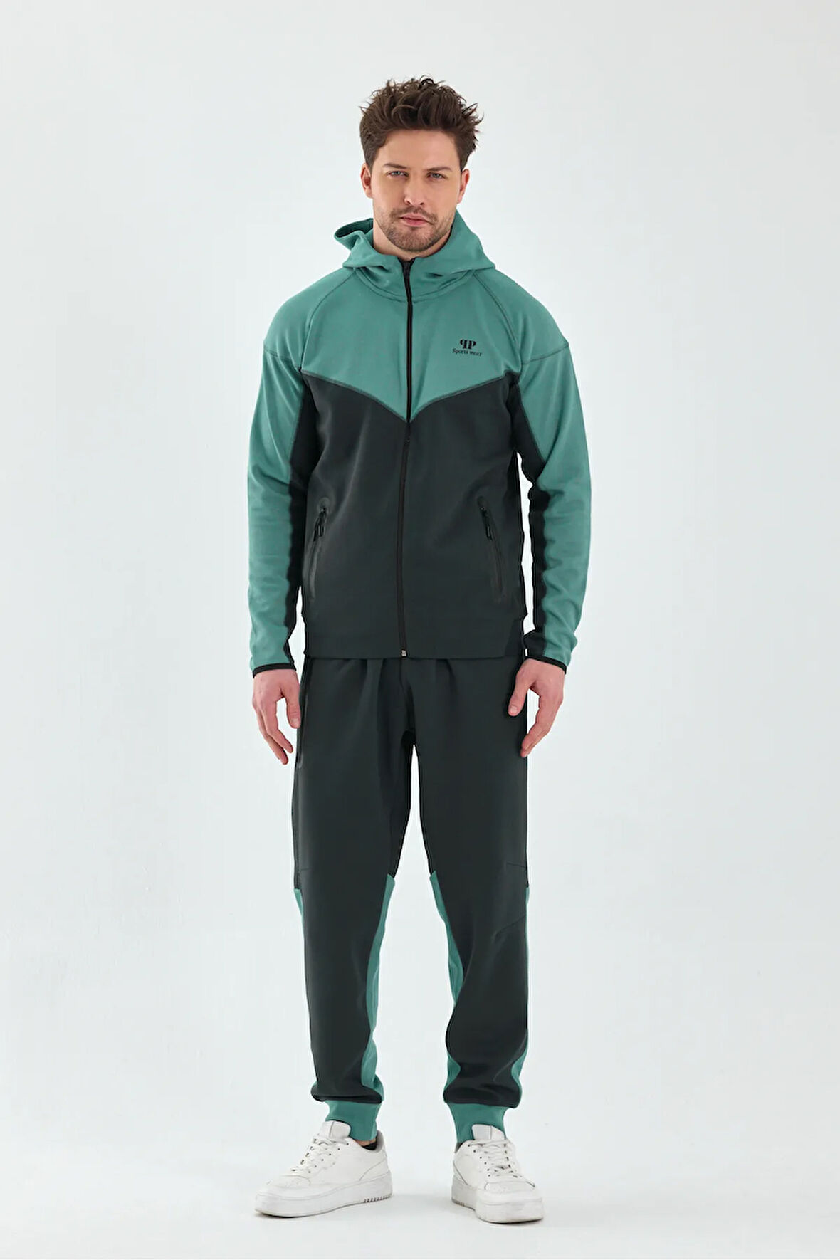 Erkek Double Face Kapüşonlu Fermuar Kapamalı Cepli Lastikli Paça Petrol Yeşil Eşofman Takımı - 7763