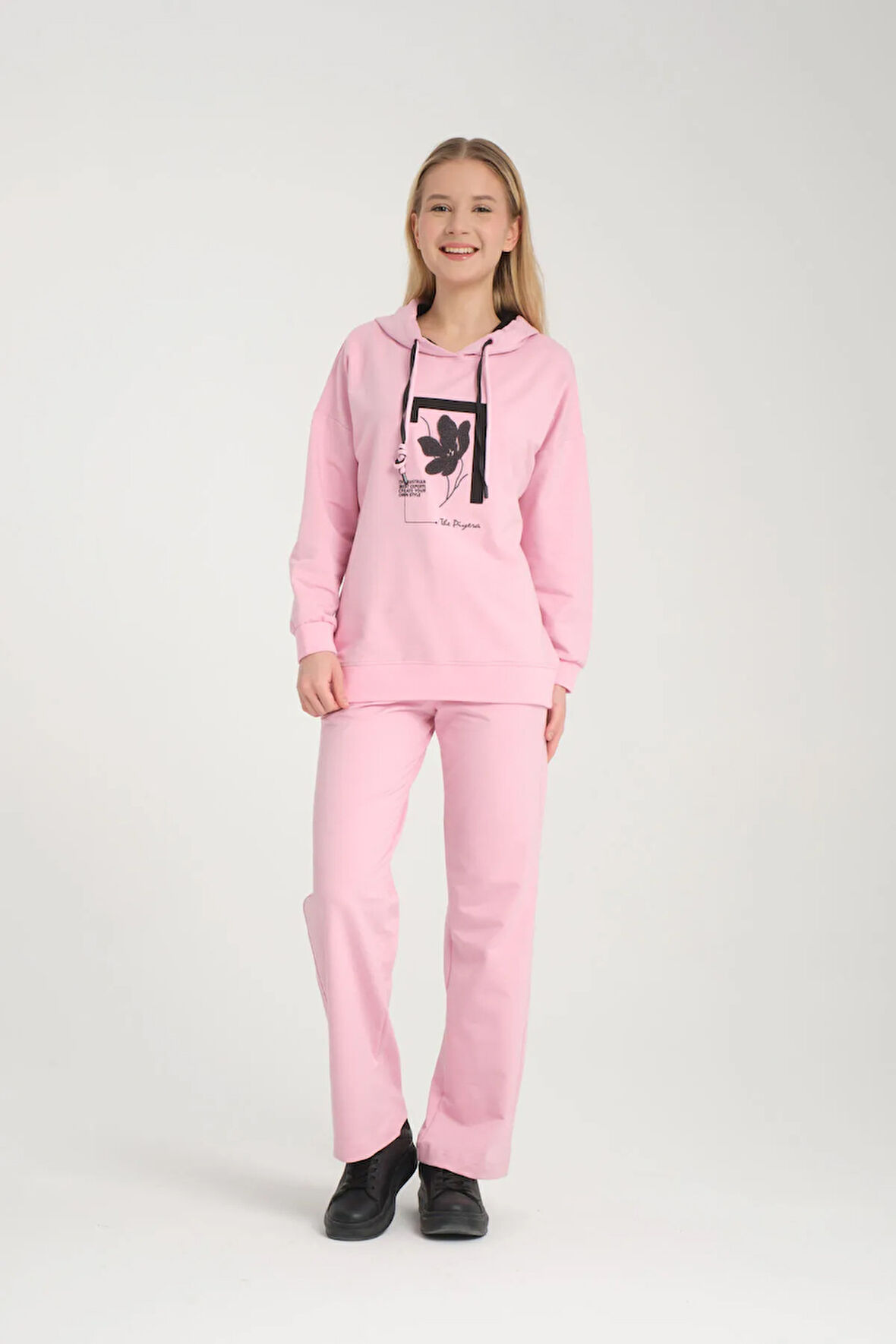 Kadın Iki Iplik Kapüşonlu Cepli Çiçek Baskılı Geniş Paça Eşofman Takımı - 7794