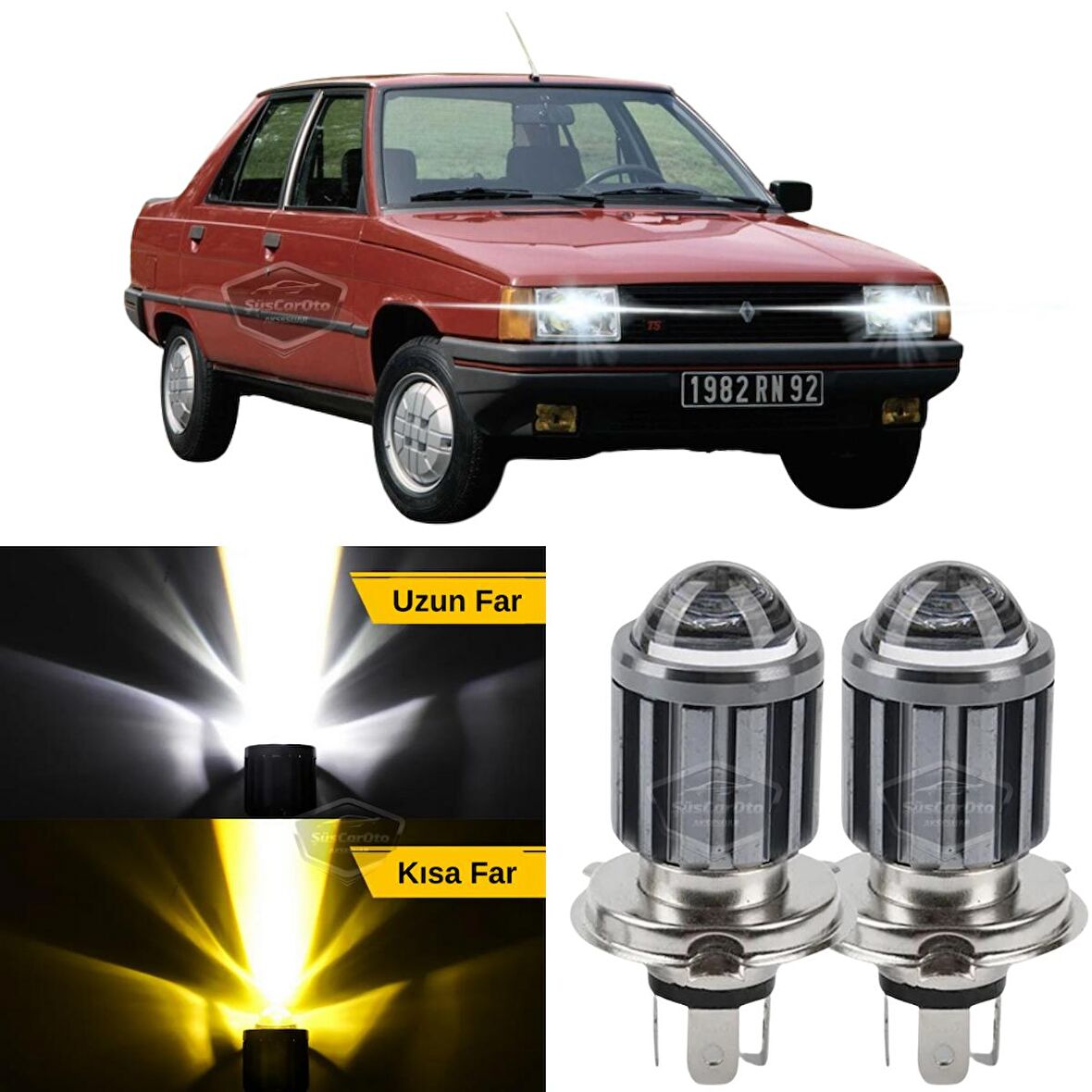 Renault 9-11 Broadway Fairway Spring Flash Tüm Kasalar İçin Uyumlu Mercekli Far Ampulü Led Xenon Çift Renk Sarı-Beyaz Far Şimşek Etkili CSP Led Lamba Uzun Kısa 2 Adet Takım