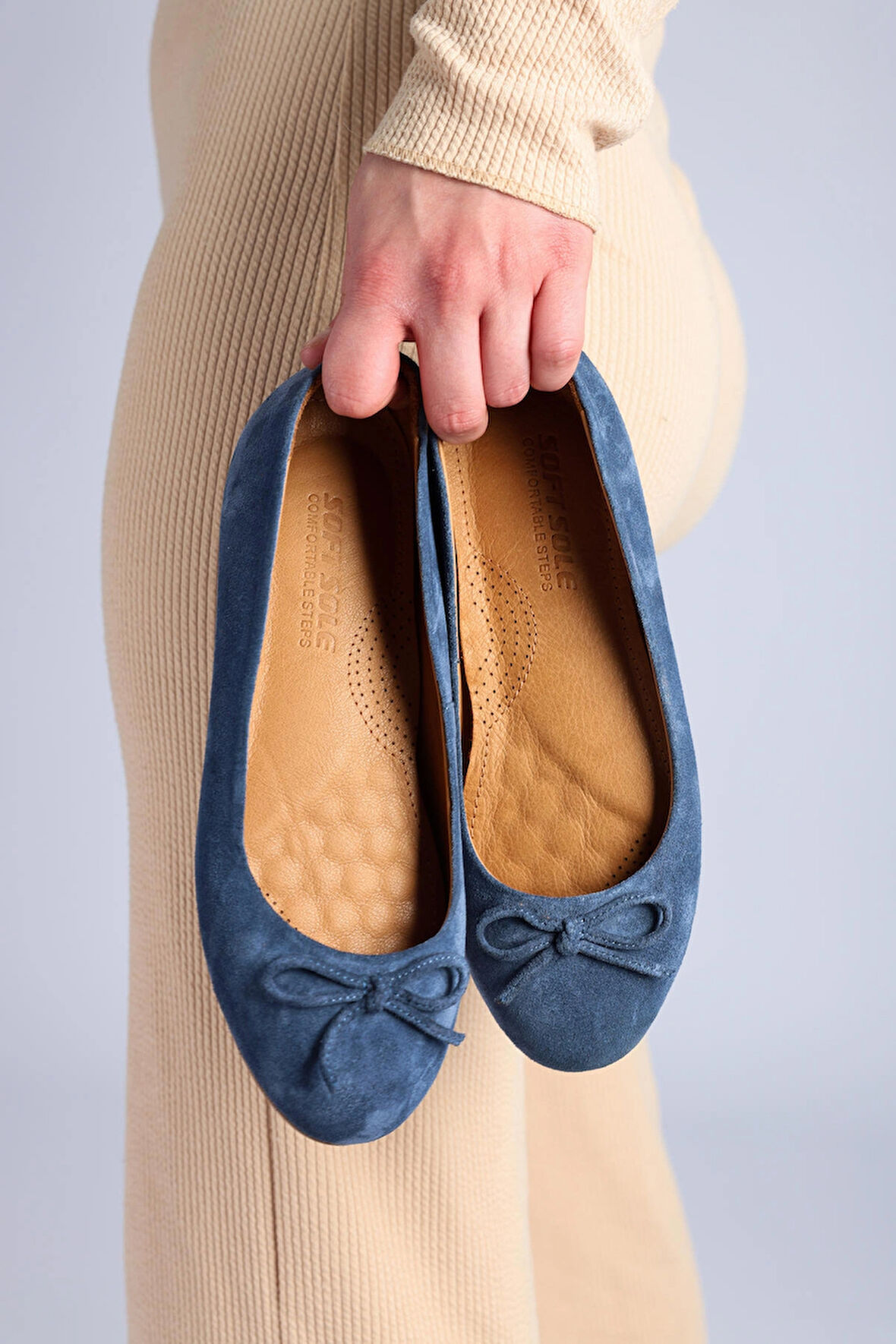 Kadın Hakiki Deri Ortopedik Fiyonk Detaylı Babet Ayakkabı - Lacivert Süet Rahat Günlük Şık Babet