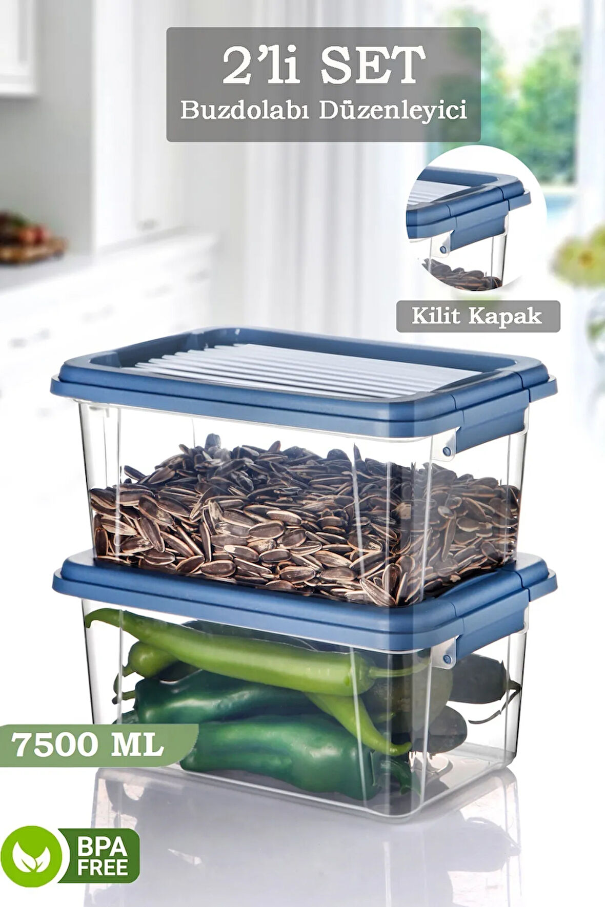 2'li 7,5 Lt Kilit Kapaklı Erzak Saklama Kabı - Çok Amaçlı Düzenleyici Kutu Gıda Bakliyat Kabı Mavi