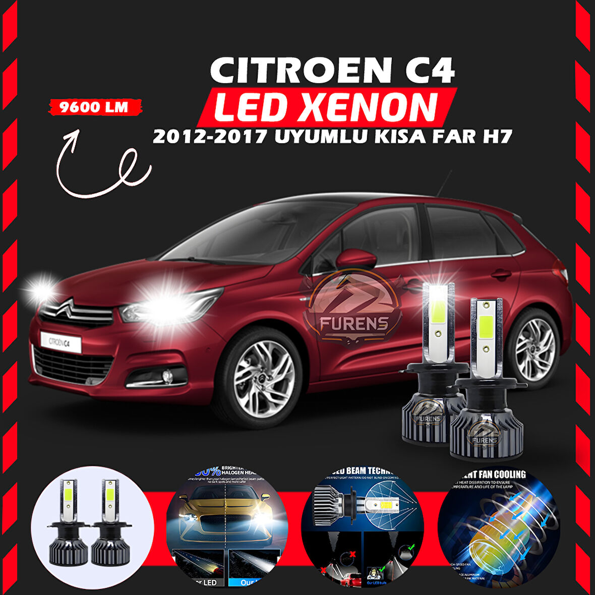 Citroen C4 2012-2017 Kısa Far Uyumlu Şimşek Etkili Led Xenon Pro Series H7