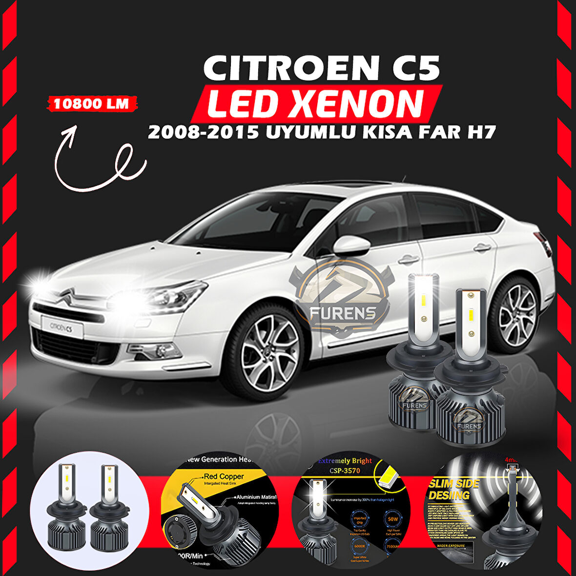 Citroen C4 2012-2017 Uzun Far Uyumlu Şimşek Etkili Led Xenon Premium Series H7