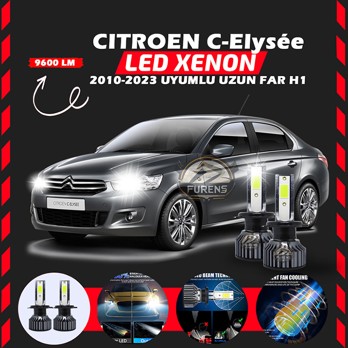 Citroen C-Elysee 2010-2023 Uzun Far Uyumlu Şimşek Etkili Led Xenon Pro Series H1