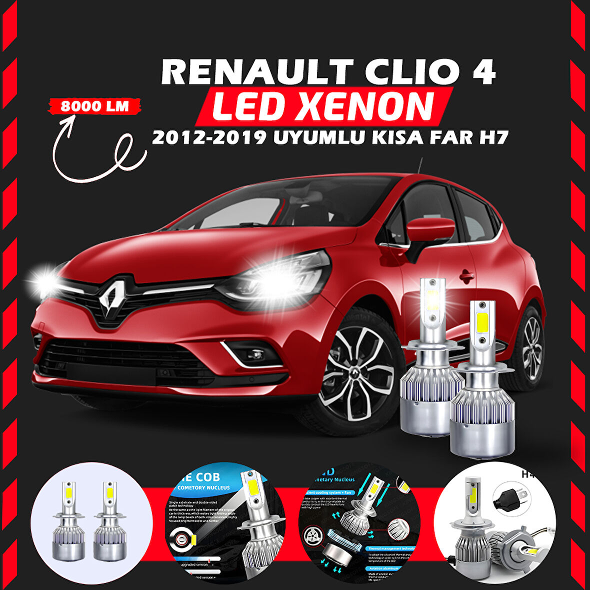 Renault Clio 4 2012-2019 Kısa Far Uyumlu Şimşek Etkili Led Xenon Performance Series H7