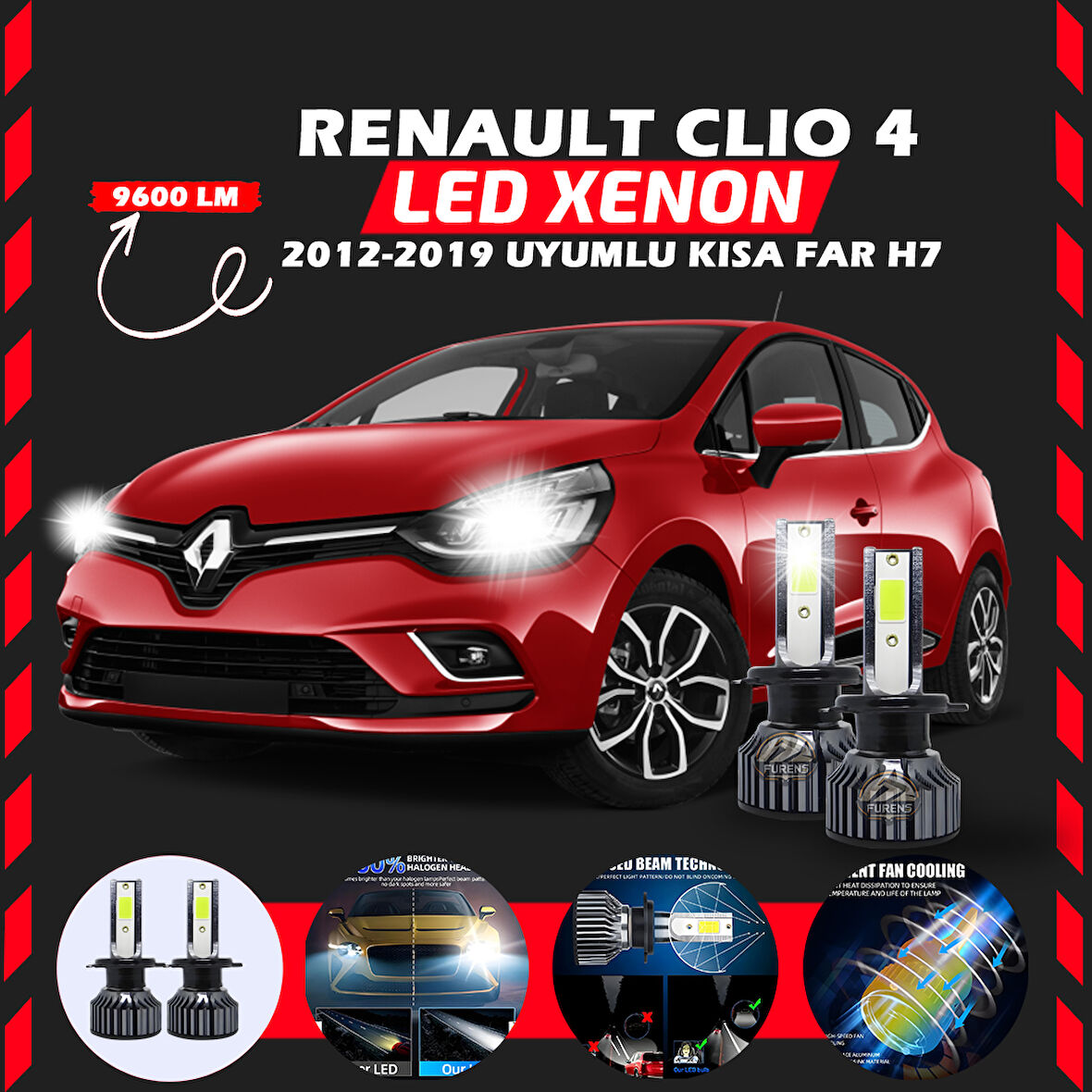 Renault Clio 4 2012-2019 Kısa Far Uyumlu Şimşek Etkili Led Xenon Pro Series H7