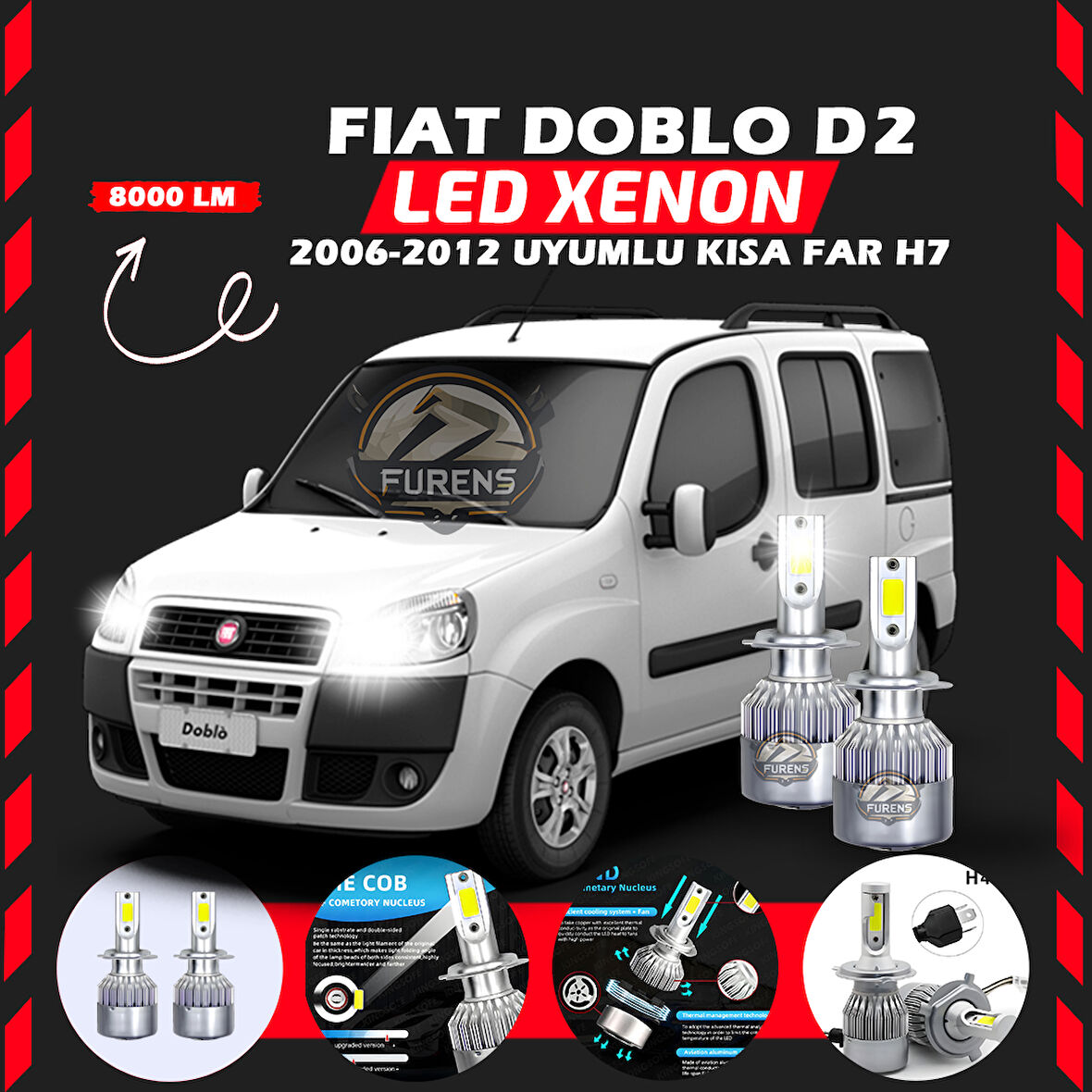 Fiat Doblo D2 2006-2012 Kısa Far Uyumlu Şimşek Etkili Led Xenon Performance Series H7